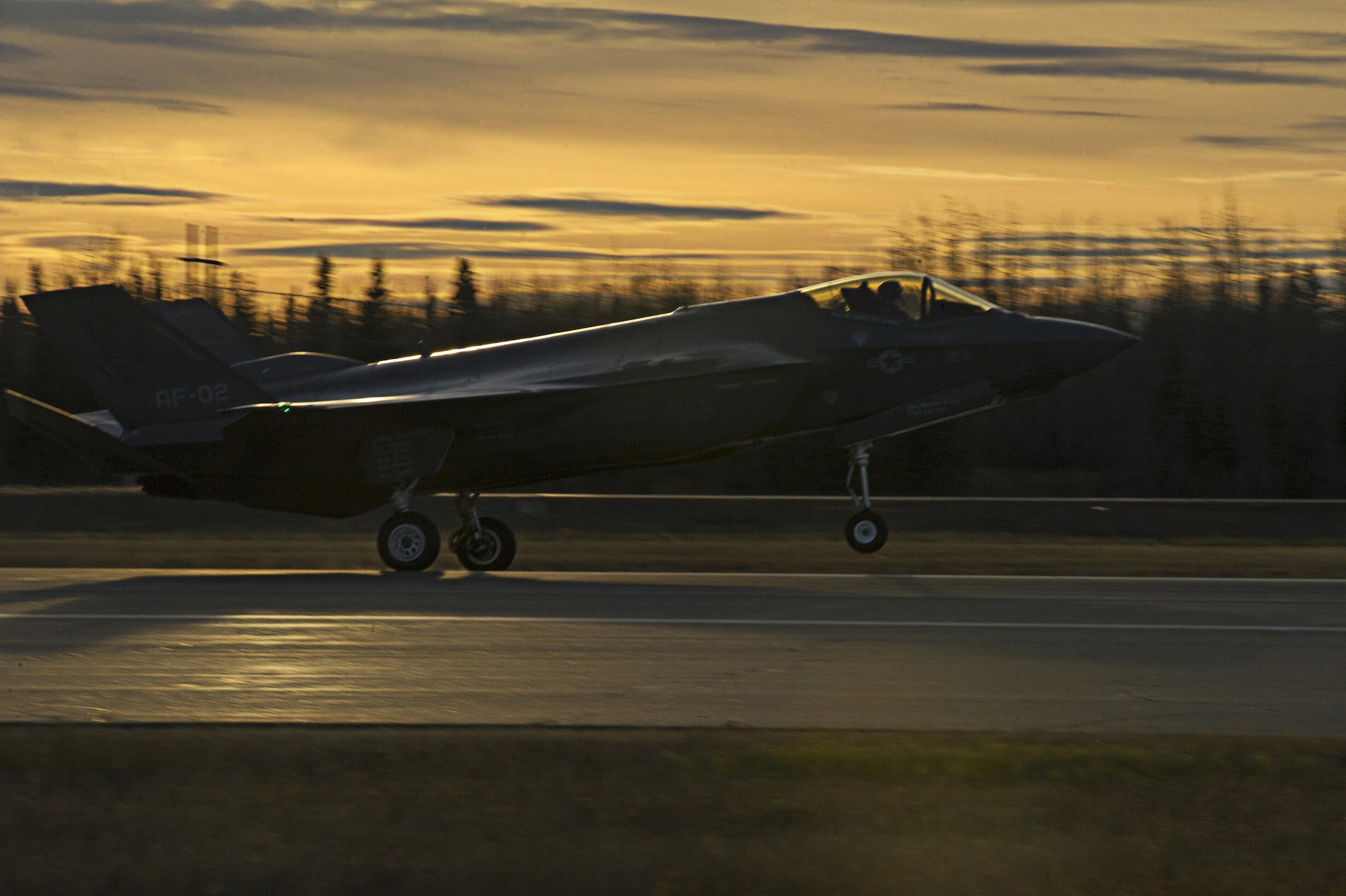 The F-35A Lightning II fighter aircraft lands at Eielson Air Force Base, Alaska.