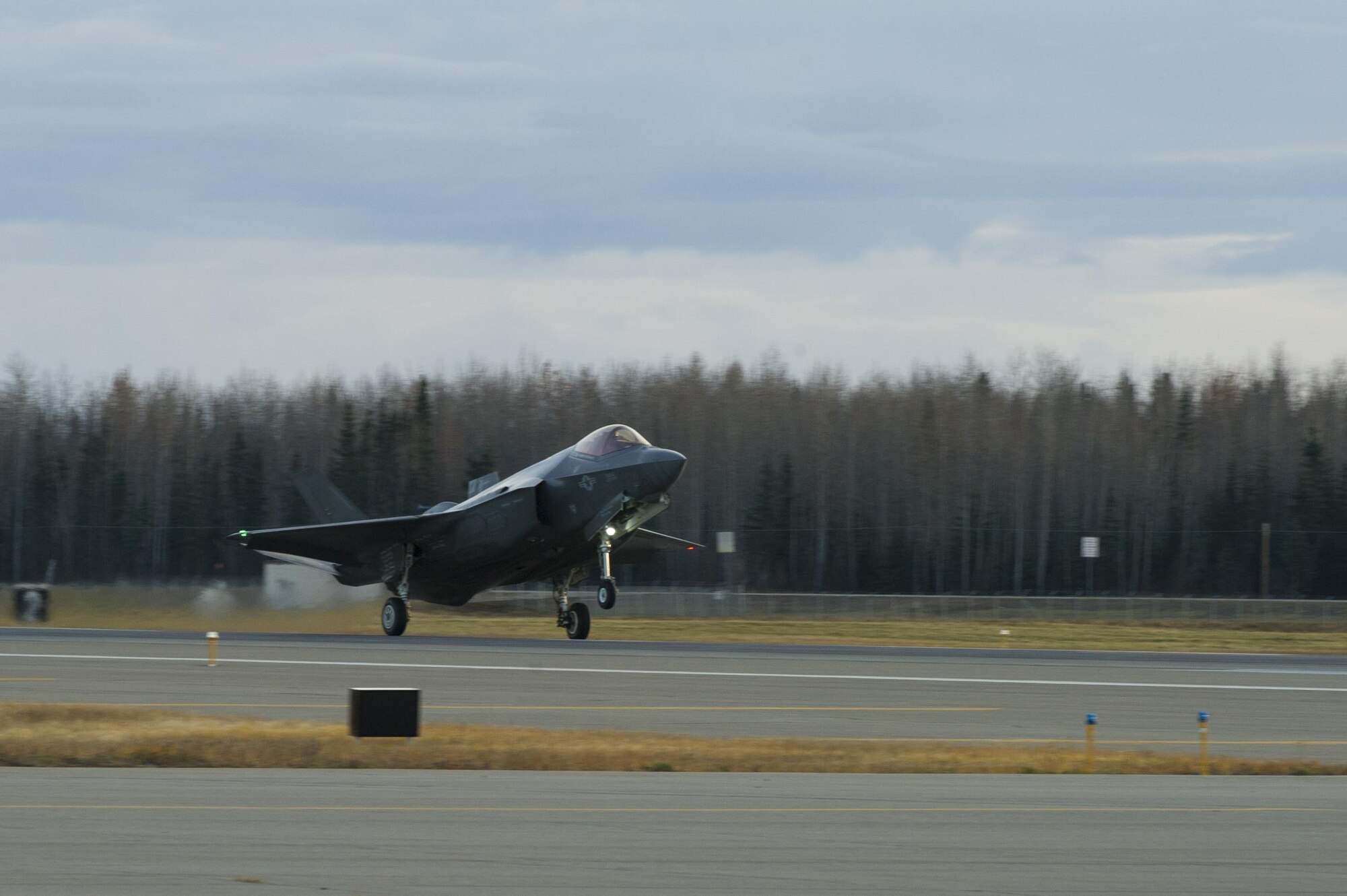 The F-35A Lightning II fighter aircraft lands at Eielson Air Force Base, Alaska.