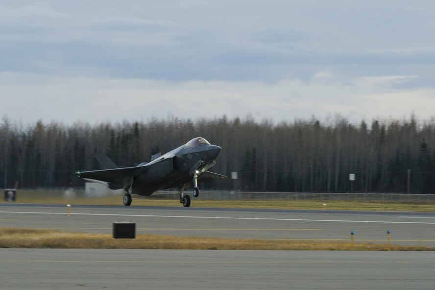 The F-35A Lightning II fighter aircraft lands at Eielson Air Force Base, Alaska.