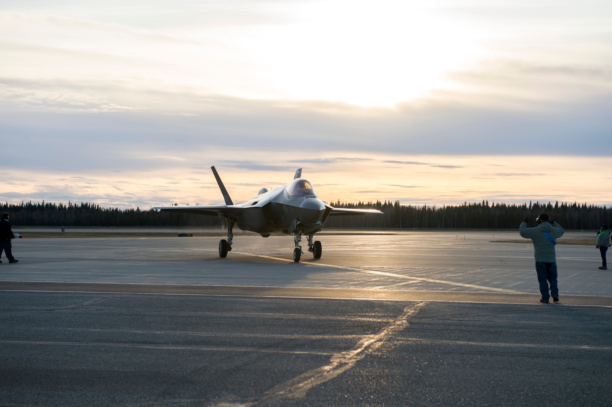 The F-35A Lightning II fighter aircraft lands at Eielson Air Force Base, Alaska.
