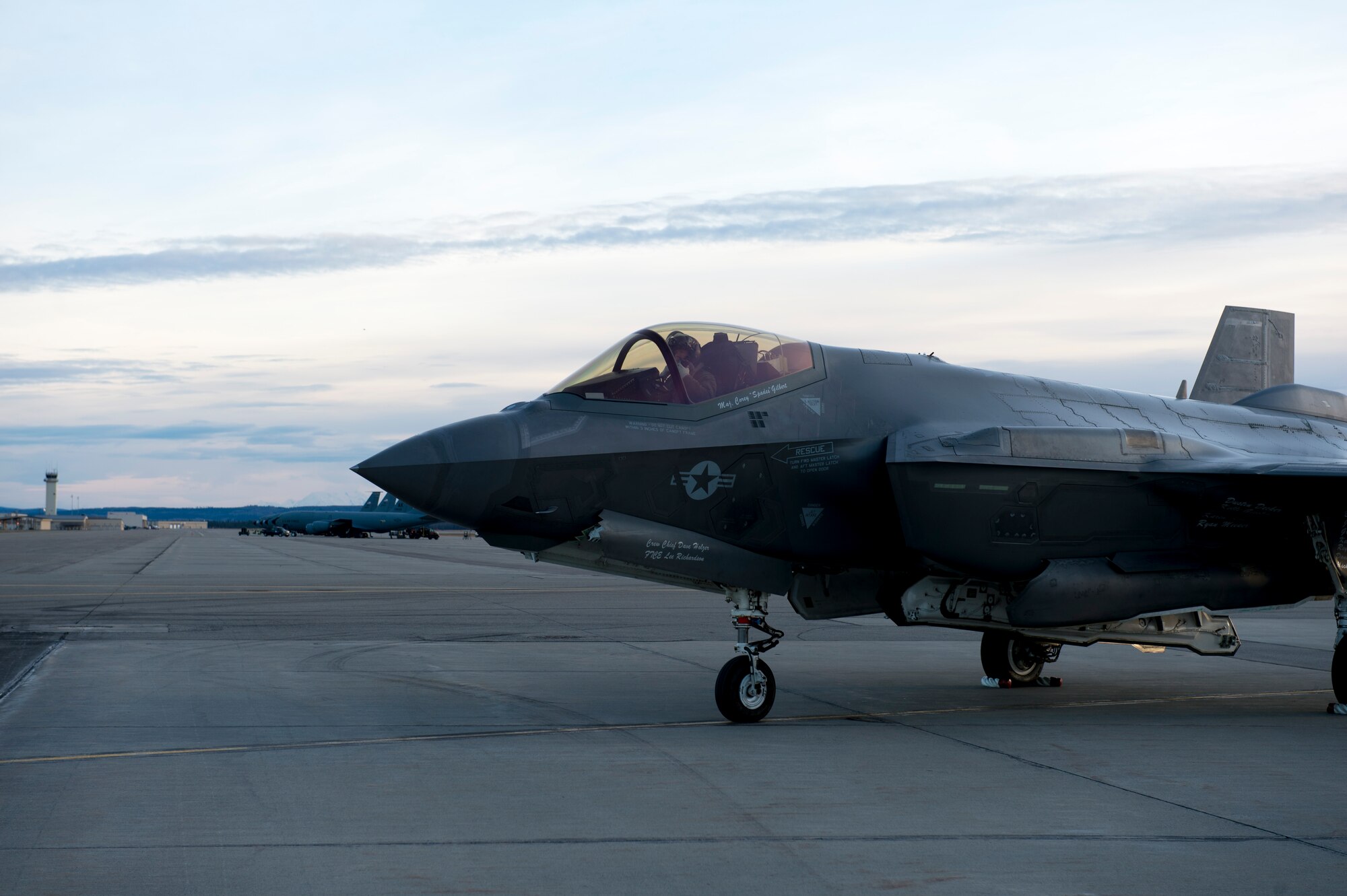 The F-35A Lightning II fighter aircraft lands at Eielson Air Force Base, Alaska.