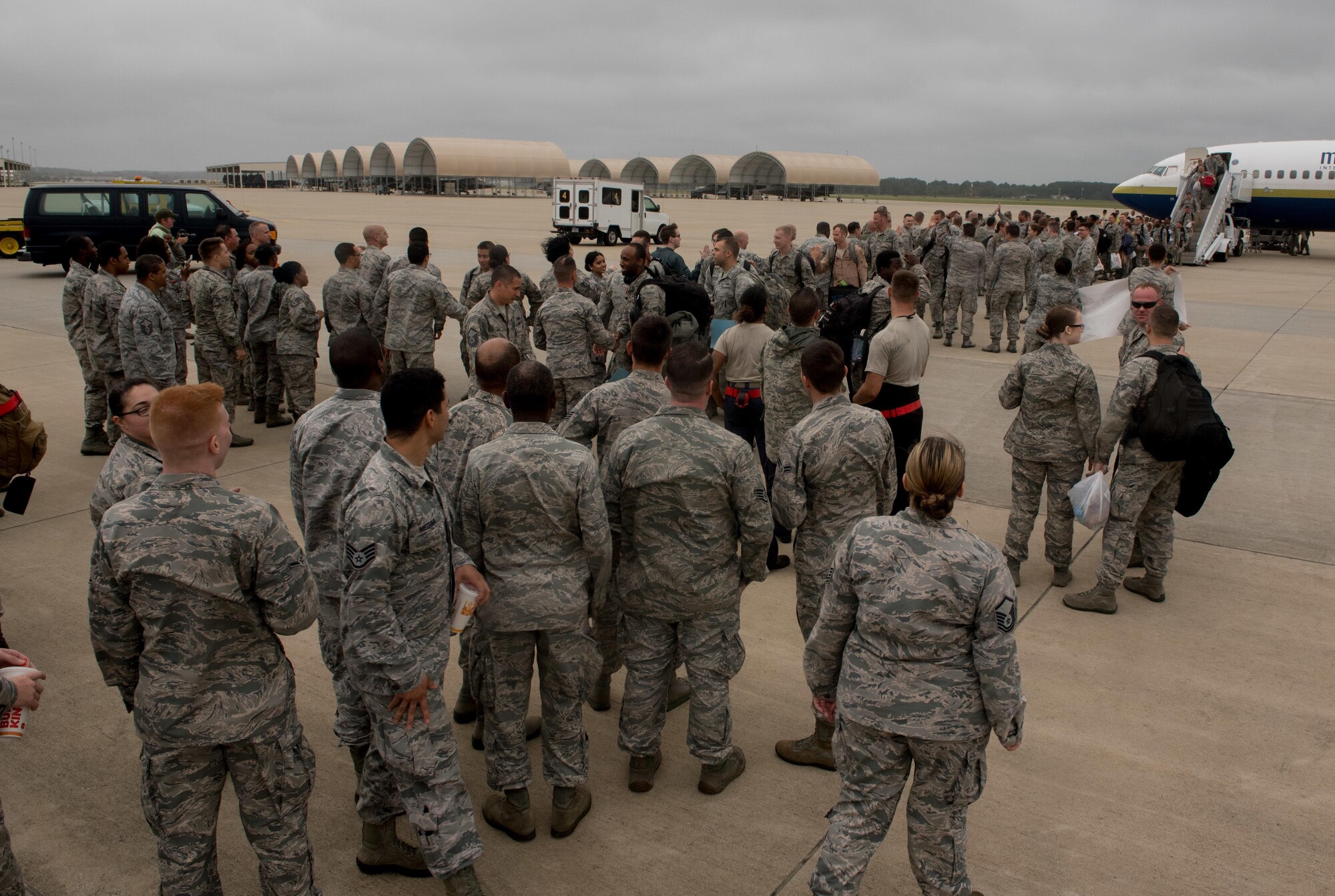 Airmen assigned to the 1st Fighter Wing return home after a 6-month deployment to the Middle East, Oct. 12, 2017. The deployment consisted of F-22 Raptors and Airmen representing the 1st FW in Operation Inherent Resolve against ISIS. (U.S. Air Force photo by Staff Sgt. Carlin Leslie)
