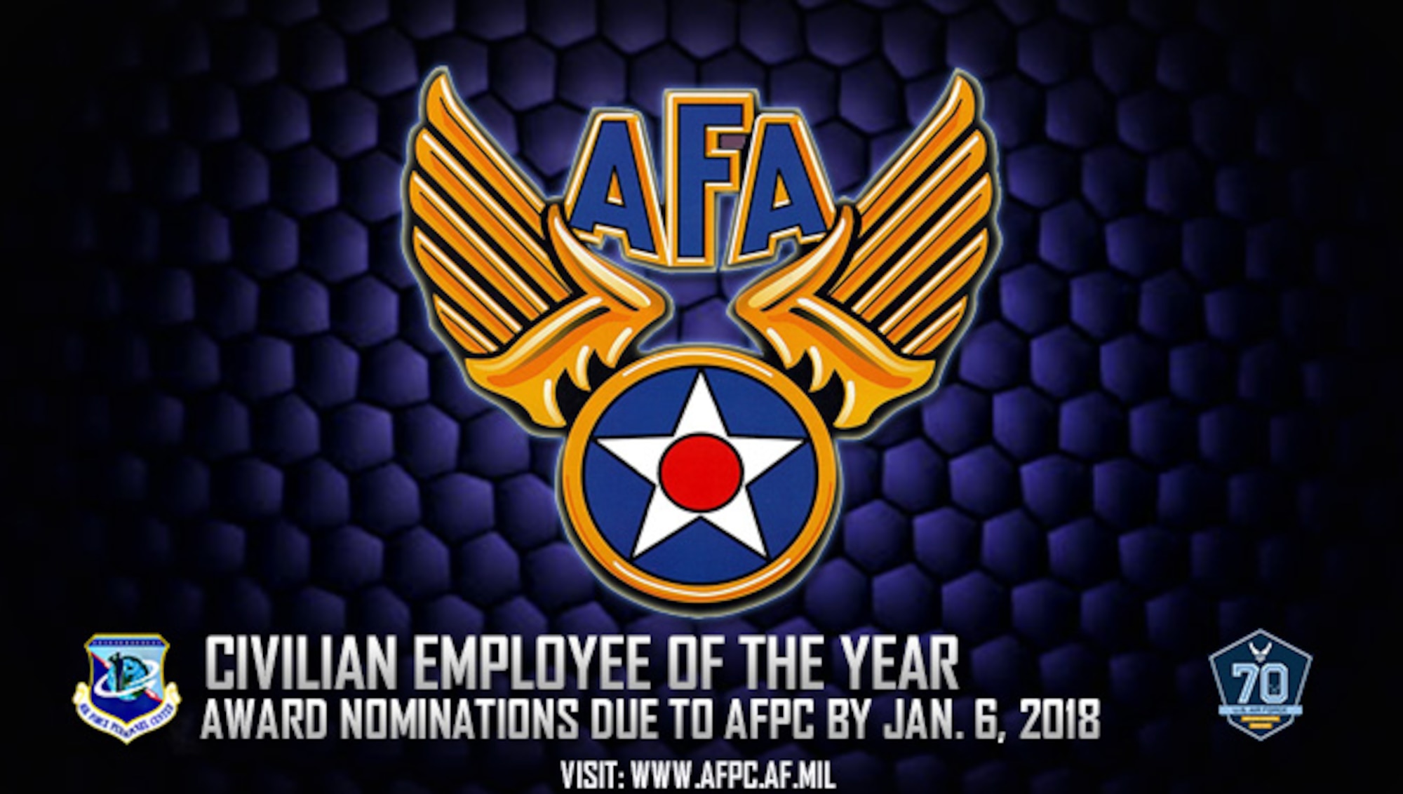 Air Force officials will accept nominations for the 2018 Air Force Association Outstanding Air Force Civilian Employees of the Year Award. All nomination packages are due to the Air Force’s Personnel Center no later than Jan. 5, 2018. (U.S. Air Force graphic by Staff Sgt. Alexx Pons)