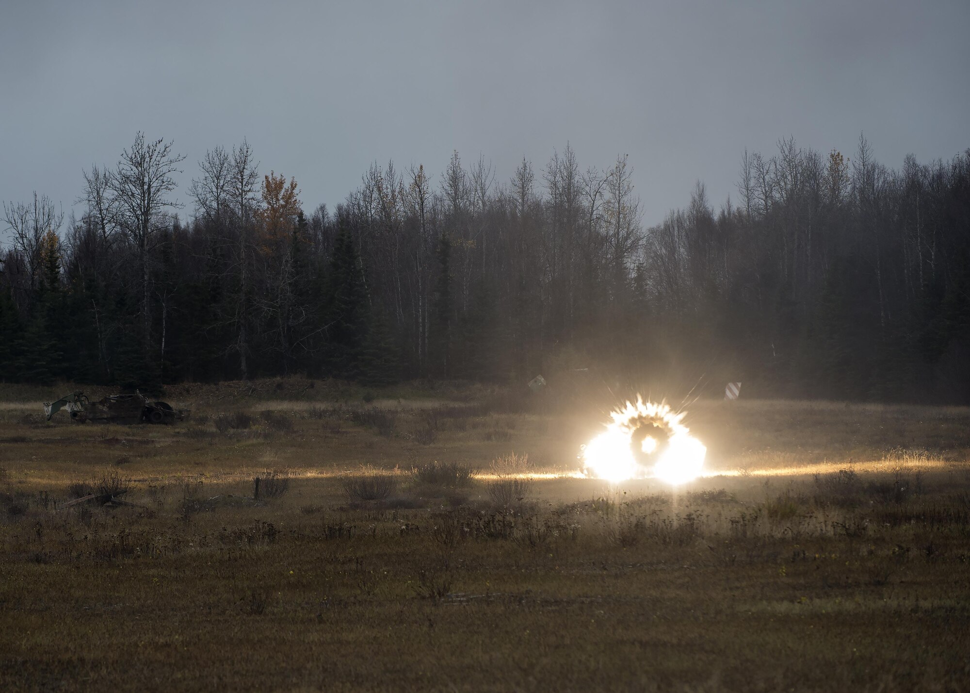 A M136E1 AT4-CS confined space light anti-armor weapon round explodes down range during a live fire on Joint Base Elmendorf-Richardson, Alaska, Oct. 12, 2017. Soldiers assigned to the 109th Transportation Company, 17th Combat Sustainment Support Battalion, U.S. Army Alaska, recently completed a series of live-fire training events that honed their skills on a variety of weapon systems to include: the M4 carbine, the M9 pistol, the M203 grenade launcher, and the M136E1 AT4-CS confined space light anti-armor weapon.