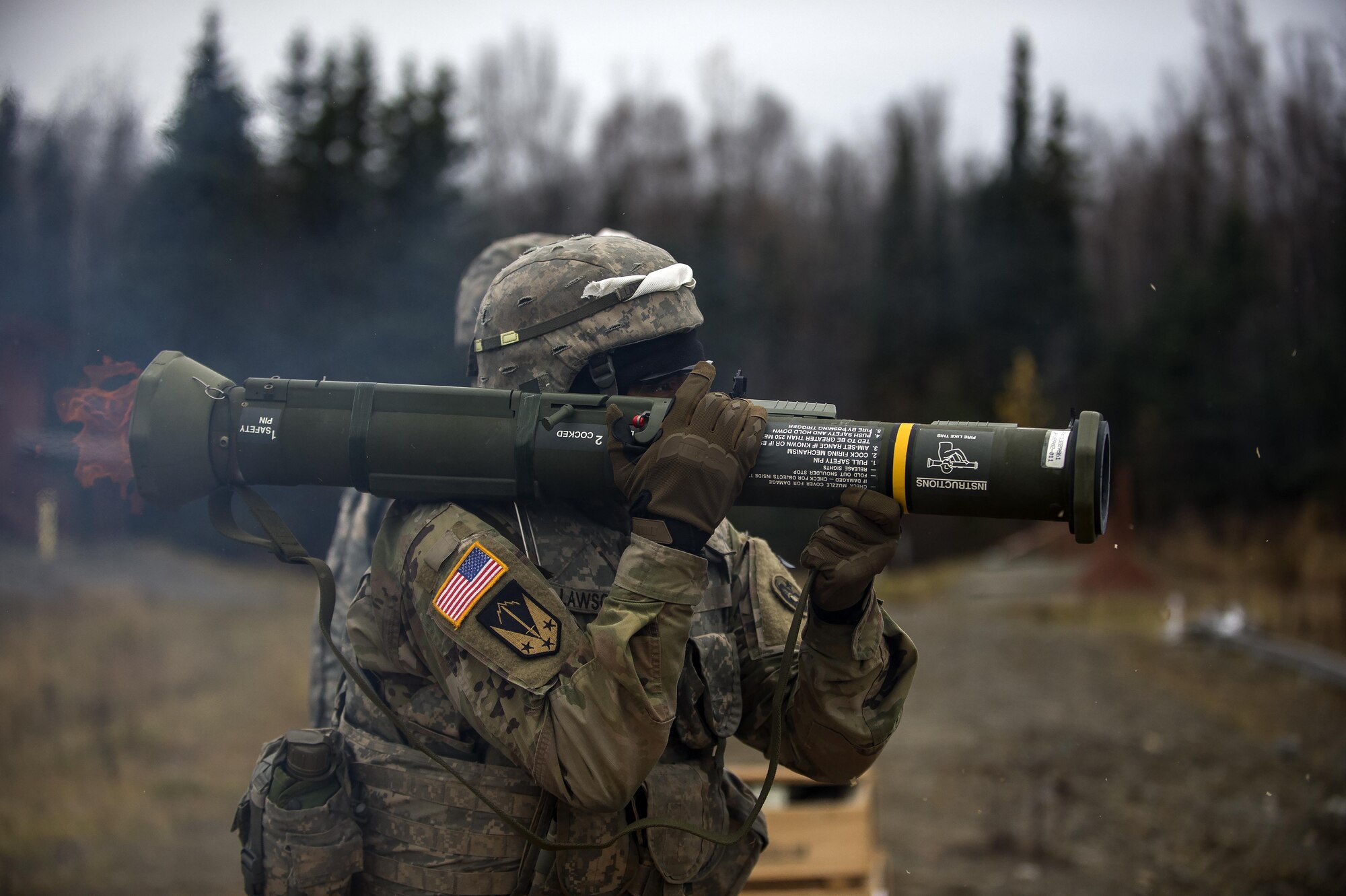 Army Sgt. Derek Lawson, assigned to the 109th Transportation Company, 17th Combat Sustainment Support Battalion, U.S. Army Alaska, fires the M136E1 AT4-CS confined space light anti-armor weapon at Joint Base Elmendorf-Richardson, Alaska, Oct. 12, 2017. The Soldiers of 17th CSSB recently completed a series of live-fire training events that honed their skills on a variety of weapon systems to include: the M4 carbine, the M9 pistol, the M203 grenade launcher, and the M136E1 AT4-CS confined space light anti-armor weapon.