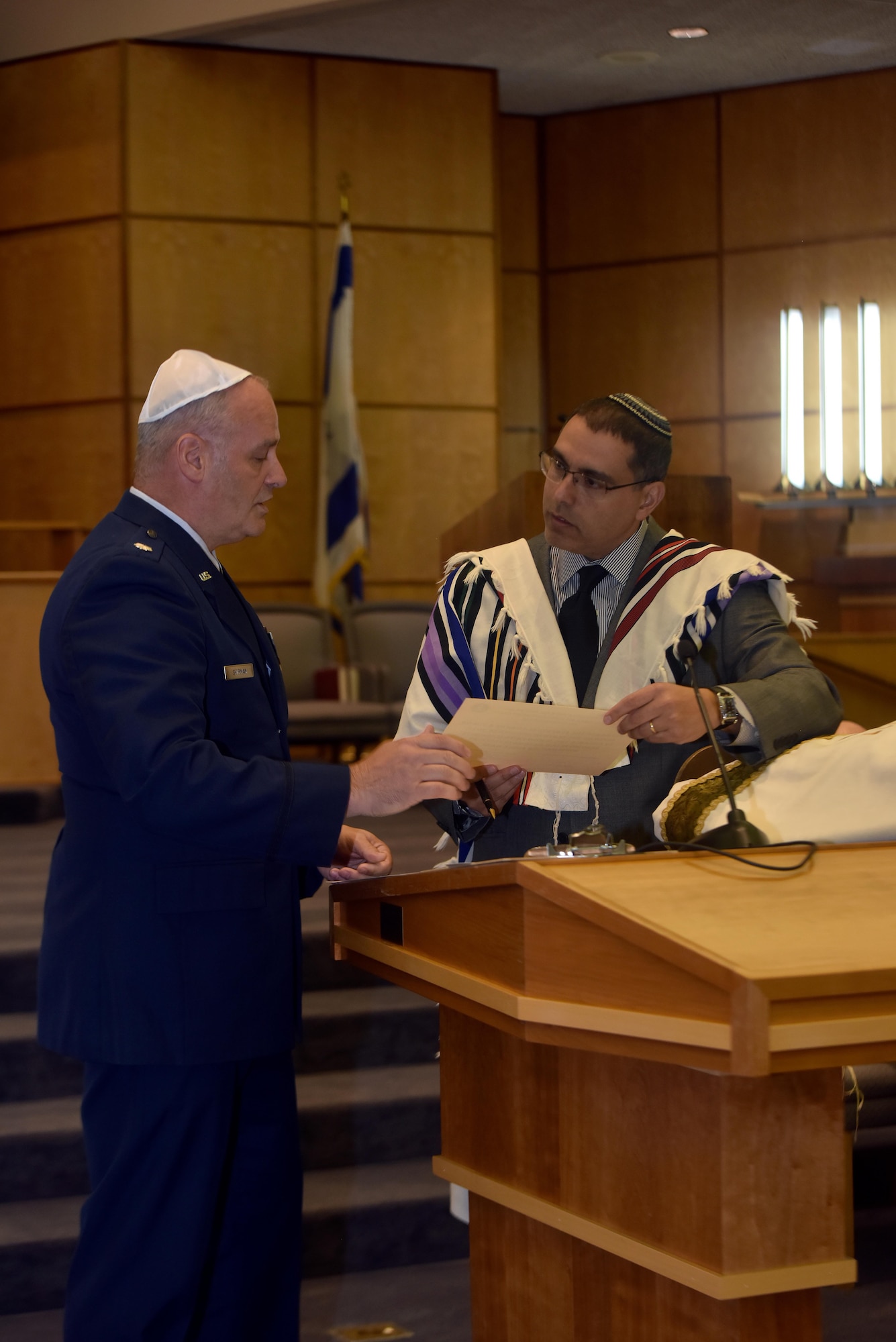 Memebers of the Chaplain Corps assigned to Whiteman Air Force Base, Mo., were honored with borrowing a Torah from the Congregation B’Nai Amoona in St. Louis, Mo., Oct. 10, 2017.