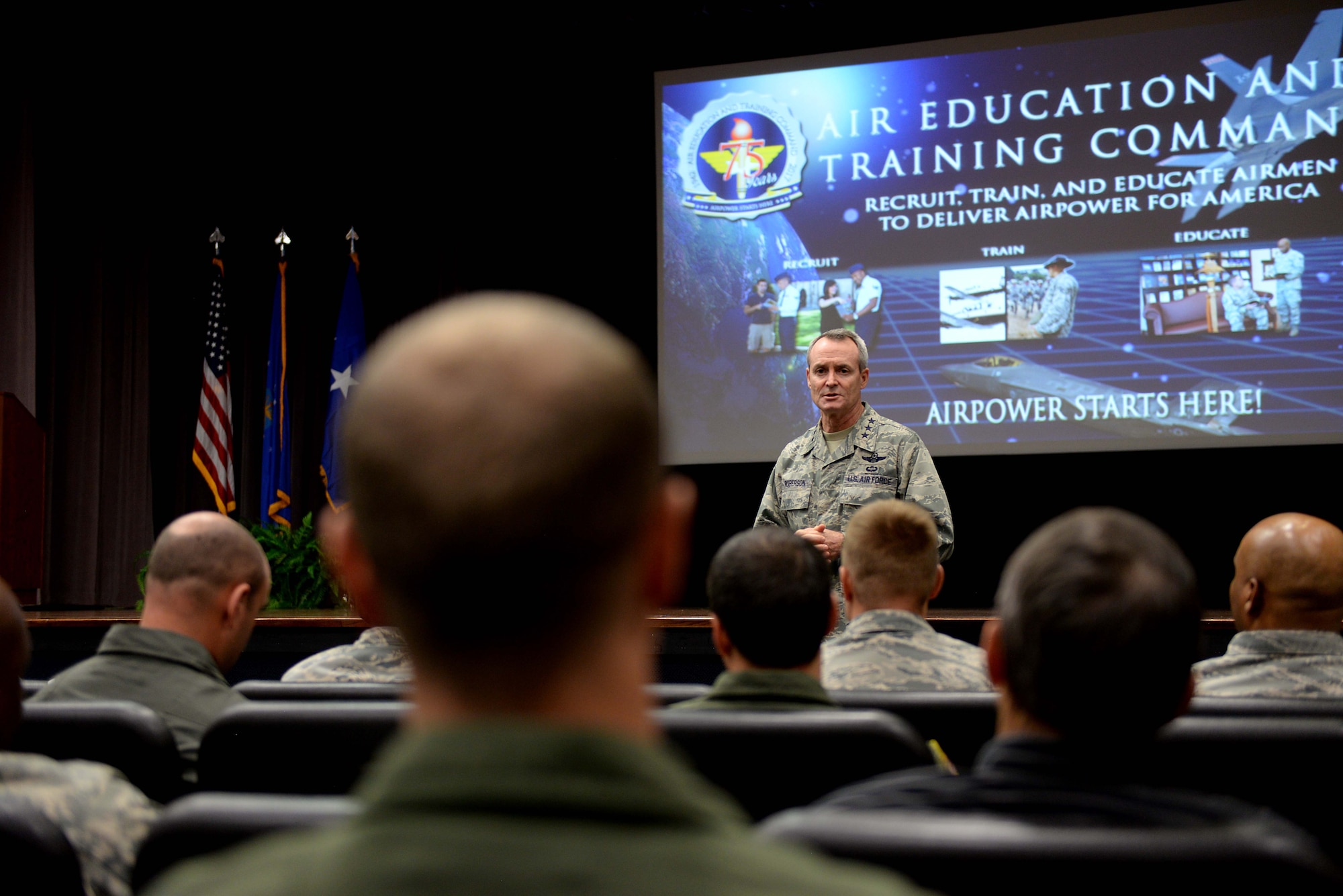 Lt. Gen. Darryl L. Roberson, commander of Air Education and Training Command, speaks with 14th Flying Training Wing leadership during an AETC Senior Leader All-Call Oct. 5, 2017, on Columbus Air Force Base, Mississippi.  During the briefing, Roberson spoke to leaders about ongoing AETC initiatives, the Continuum of Learning, Air Force Instruction reductions and changes, and the importance of delegating more authority to lower tactical-level commanders.