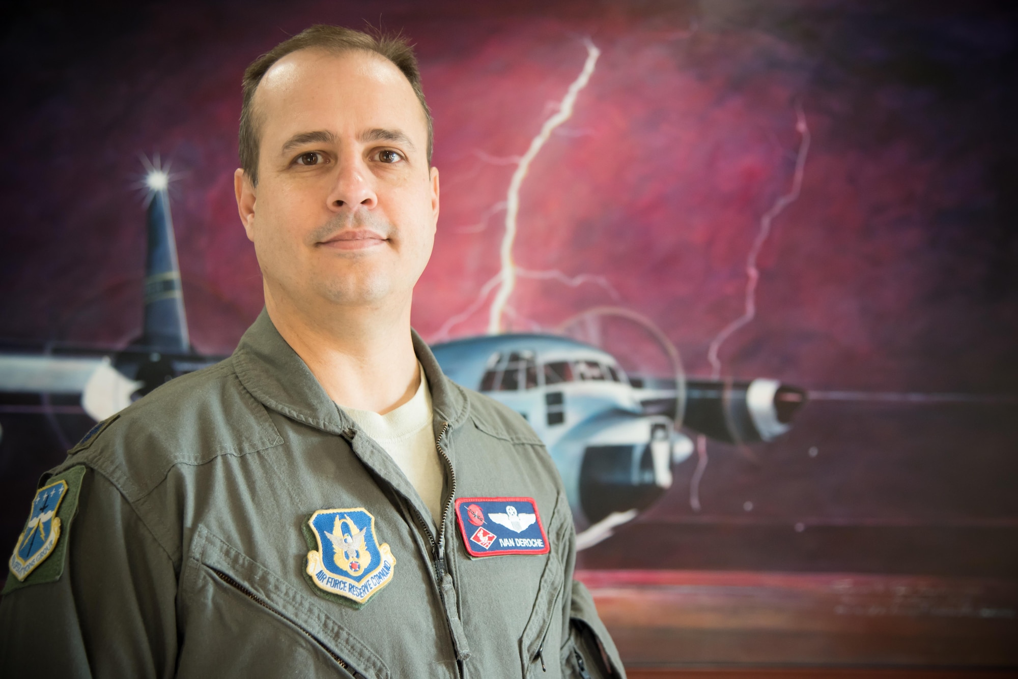 Lt. Col. Ivan Deroche, 403rd Operations Group chief of standardization and evaluation, poses for a photo Oct. 12, 2017 at Keesler Air Force Base, Mississippi. Deroche was recently named the Air Force Reserve command nominee for the National Aeronautical Association Wright Brothers Memorial Trophy. (U.S. Air Force photo/Staff Sgt. Heather Heiney)