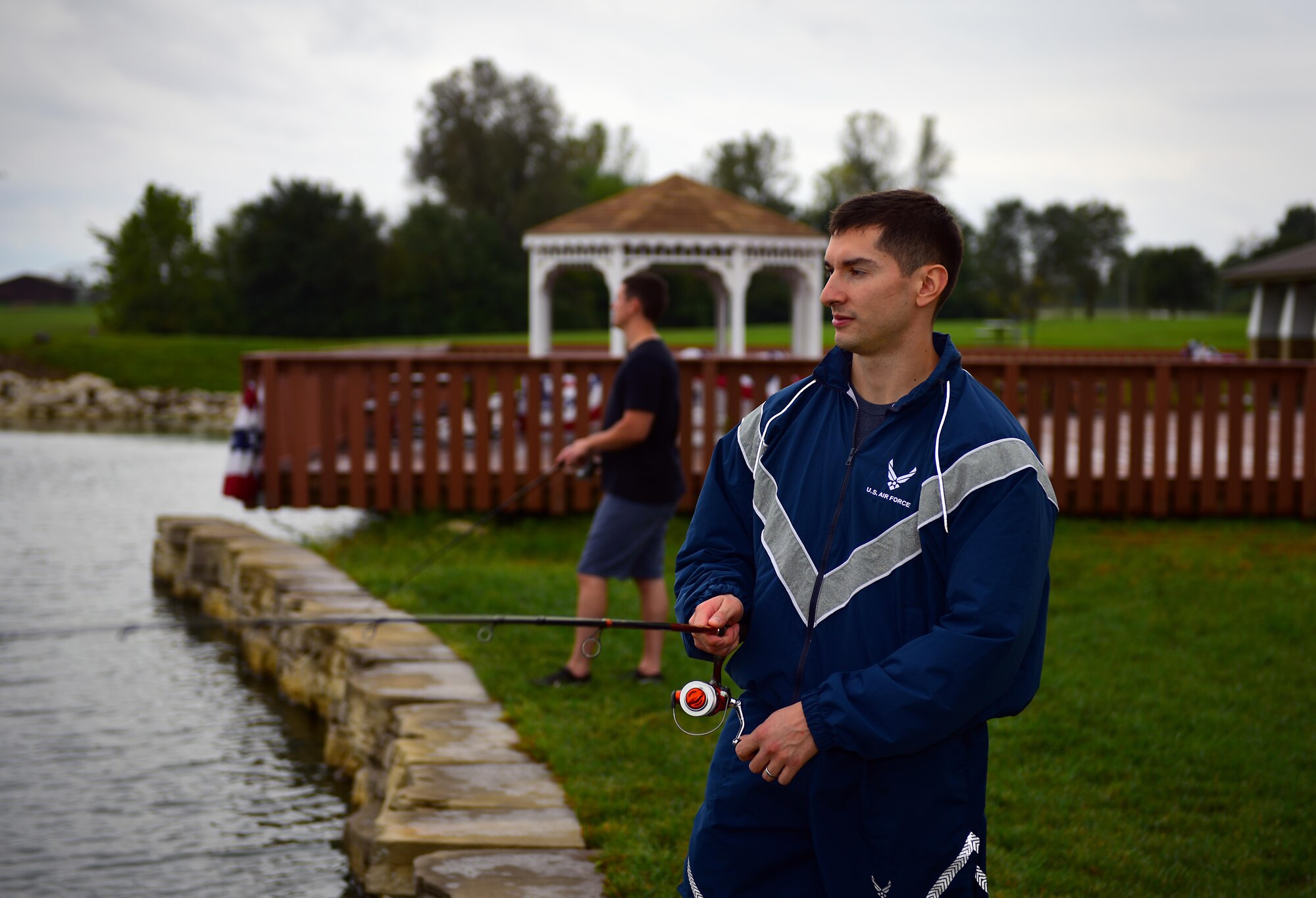 U.S. Air Force Staff Sgt. Marco Cardenas, a pharmacy technician assigned to the 509th Medical Support Squadron, participates in the fishing competition held at Ike Skelton Lake at Whiteman Air Force Base, Mo., Oct. 6, 2017.