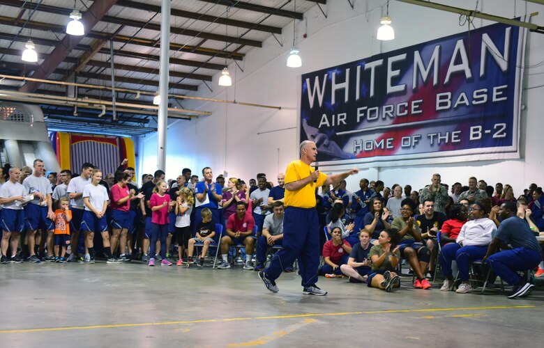 U.S. Air Force Col. Mark Ely, the 509th Bomb Wing vice commander, speaks during the culmination ceremony for the 2017 Comprehensive Airman Fitness Day at Whiteman Air Force Base, Mo., Oct. 6, 2017.