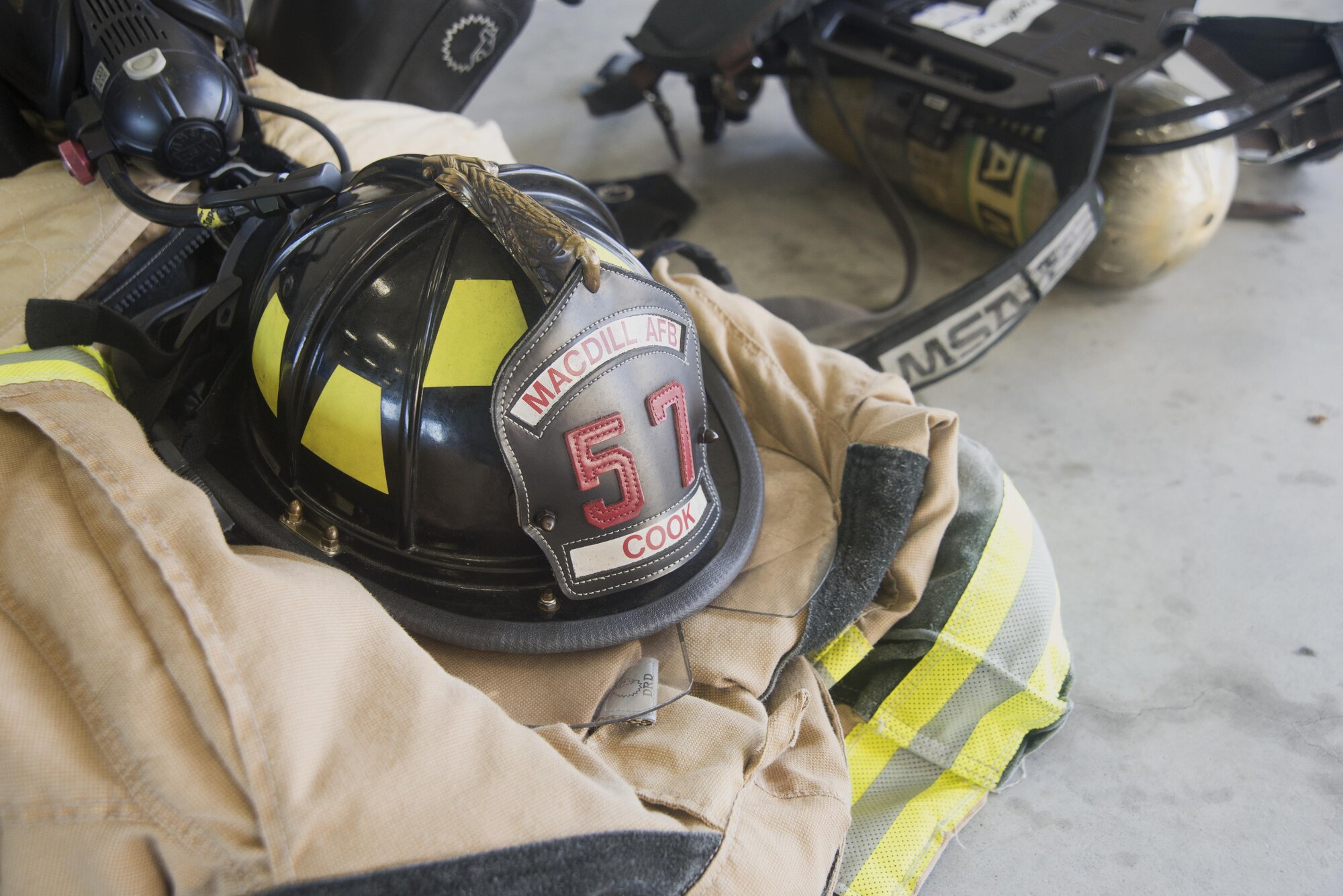 MacDill firefighter equipment is displayed during Fire Prevention Week at MacDill Air Force Base, Fla., Oct. 10, 2017.