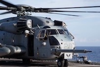 U.S. Marines with Marine Medium Tiltrotor Squadron (VMM) 162 (Reinforced), 26th Marine Expeditionary Unit (MEU), prepare to disembark the amphibious assault ship USS Kearsarge (LHD 3) via CH-53E Super Stallion helicopter also with VMM 162 (REIN), in the Caribbean Sea, Oct. 12, 2017.