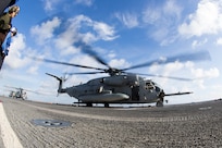 U.S. Marines with Marine Medium Tiltrotor Squadron (VMM) 162 (Reinforced), 26th Marine Expeditionary Unit (MEU), prepare to disembark the amphibious assault ship USS Kearsarge (LHD 3) via CH-53E Super Stallion helicopter also with VMM 162 (REIN), in the Caribbean Sea, Oct. 12, 2017.