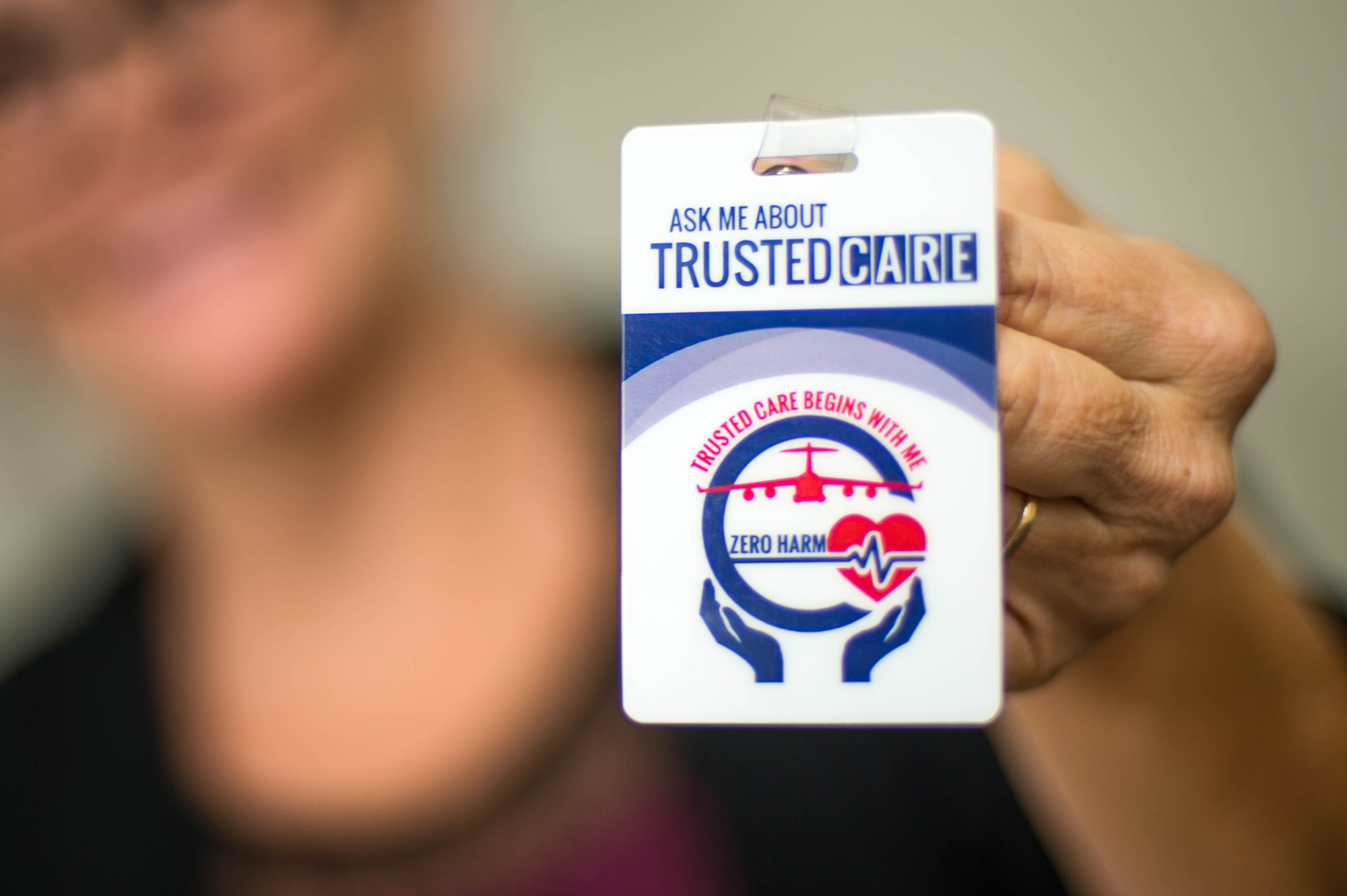 The “Trusted Care” badge serves as a reminder for the entire U.S. Air Force Medical Service (AFMS) to provide exemplary patient-centered care at every level. In order to ensure the patient is placed at the center of their care, Trusted Care has teamed up with the Institute of Healthcare Improvement (IHI) to develop an effective training program. Training is aimed at fostering a culture of safety from front-line providers to senior leaders. (U.S. Air Force photo by SSgt Jensen Stidham)