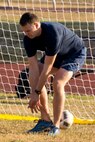 U.S. Air Force Staff Sgt. Adam Wilkerson, training instructor, 19th Security Forces Squadron, lets one slip past him during a soccer game at Team Little Rock’s annual Sports Day on Little Rock Air Force Base, Ark., Oct. 13, 2017.