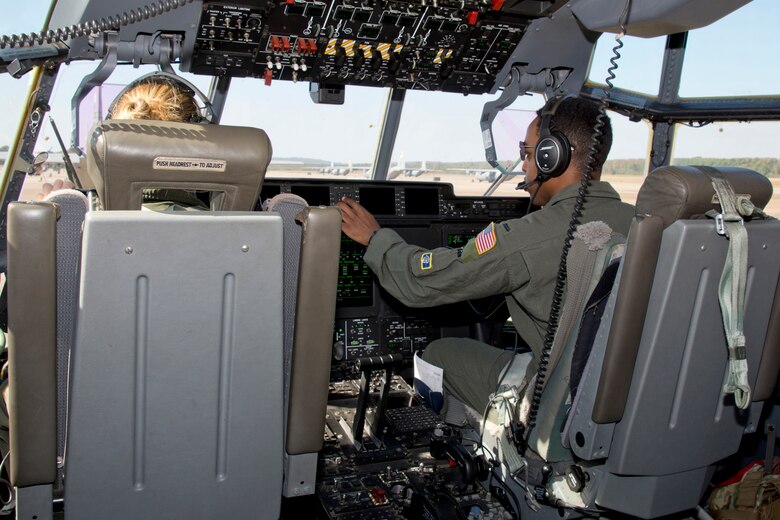 U.S. Air Force Reserve 1st Lt. Justin Garden, pilot, 327th Airlift Squadron, prepares a C-130J Super Hercules for taxi to the runway at Little Rock Air Force Base, Ark., Oct. 14, 2017.