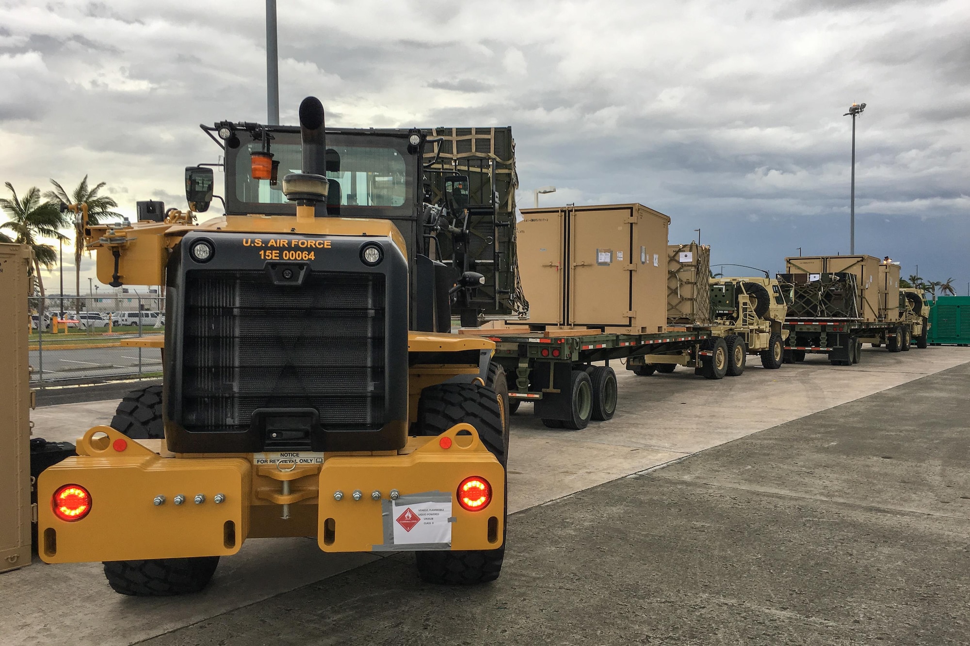 Airmen from the Kentucky Air National Guard’s 123rd Contingency Response Group, augmented by troops from the active-duty Air Force and Air National Guard units in multiple states, load relief supplies onto trucks for distribution at Luis Muñoz Marín International Airport in San Juan, Puerto Rico, in the wake of Hurricane Maria Oct. 5, 2017. The unit’s Airmen established an aerial port of debarkation upon arrival here Sept. 23, and have processed more than 7.2 million pounds of cargo and humanitarian aid for distribution in the first three weeks of the operation. (U.S. Air National Guard photo by Lt. Col. Dale Greer)