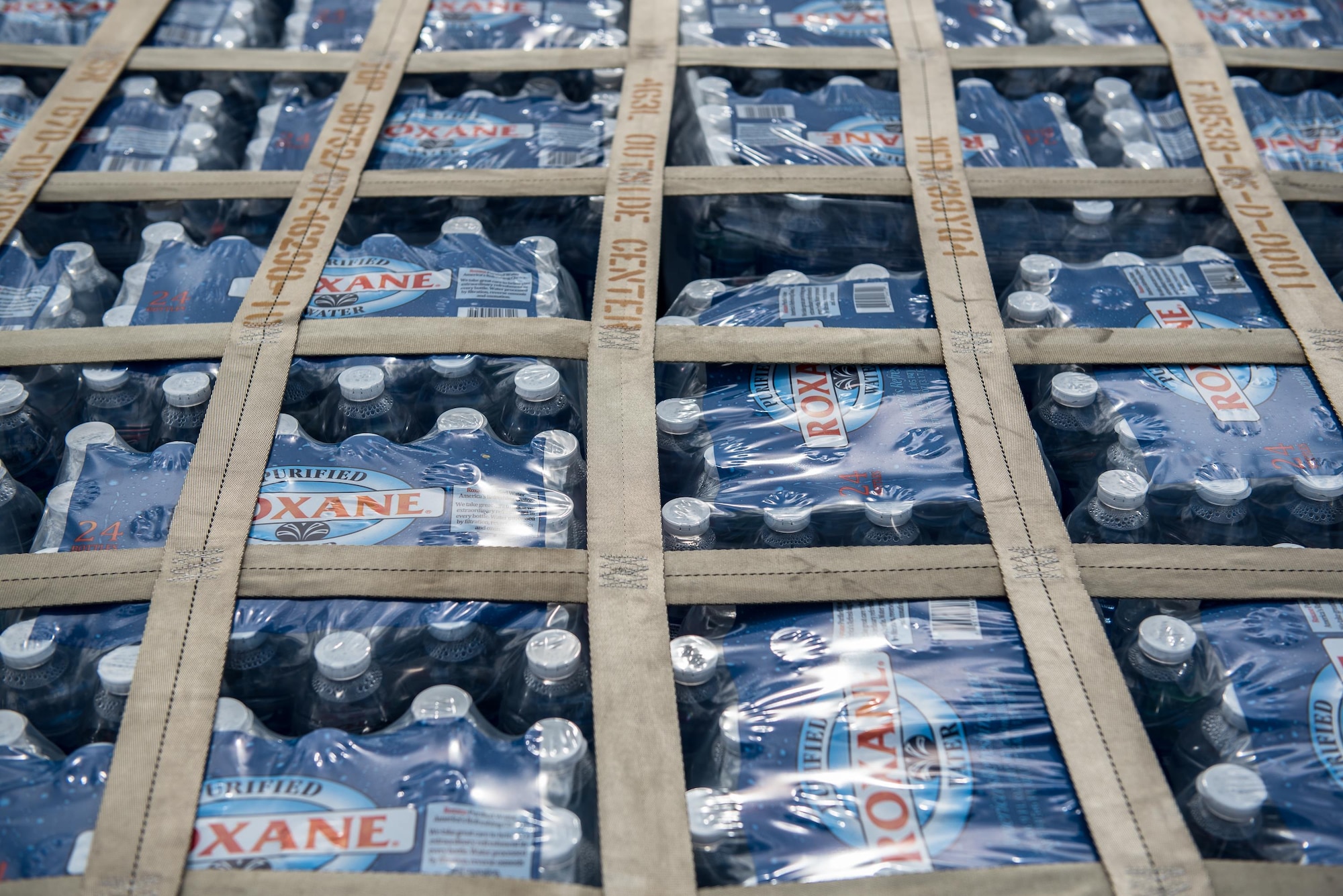 Pallets of water are among the 7.2 million pounds of cargo processed through an aerial port of debarkation at Luis Muñoz Marín International Airport in San Juan, Puerto Rico, on Oct. 6, 2017, following Hurricane Maria. The port is staffed by 39 members of the Kentucky Air National Guard’s 123rd Contingency Response Group, augmented by Airmen from the active-duty Air Force and Air National Guard units in multiple states. (U.S. Air National Guard photo by Lt. Col. Dale Greer)