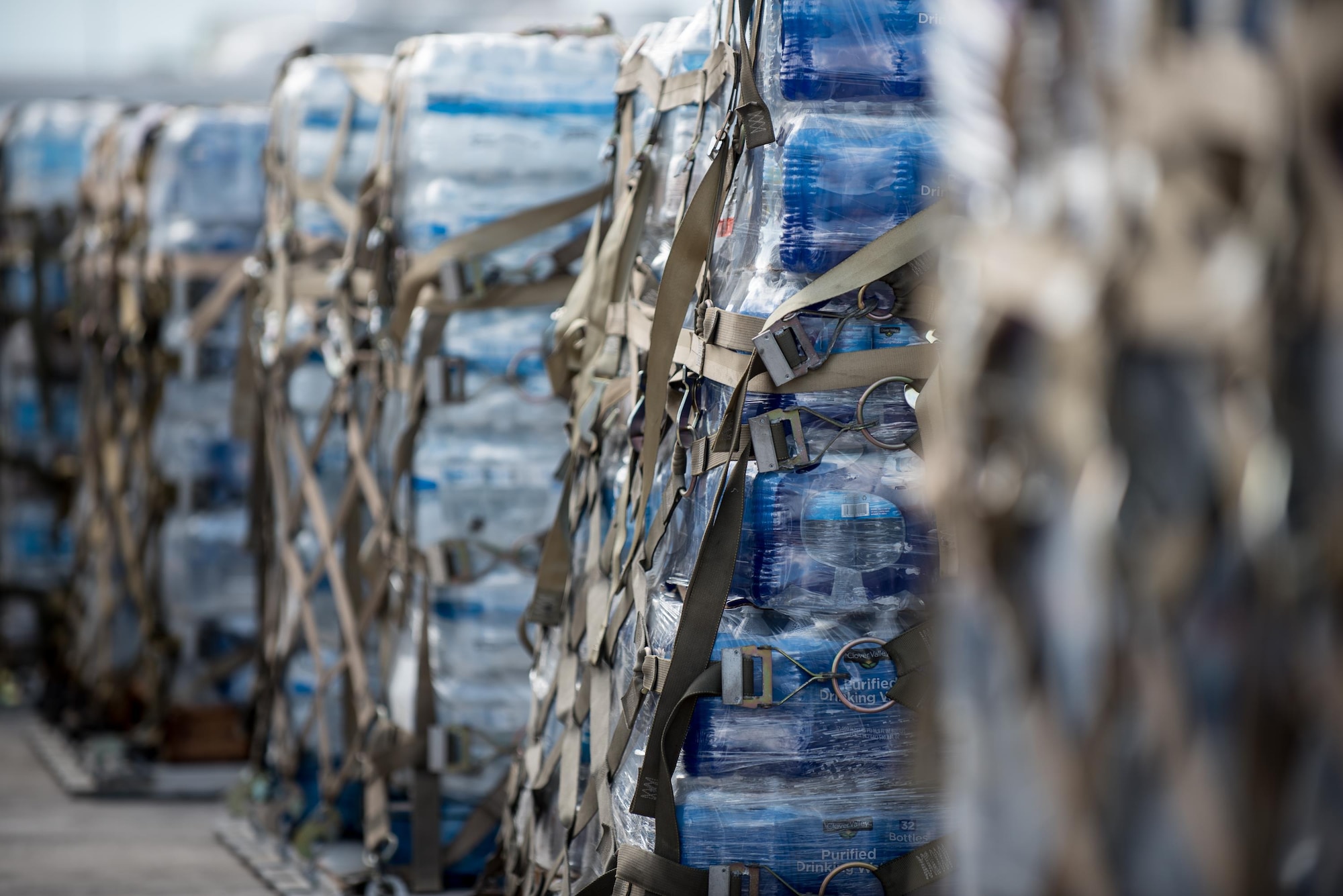 Pallets of water are among the 7.2 million pounds of cargo processed through an aerial port of debarkation at Luis Muñoz Marín International Airport in San Juan, Puerto Rico, on Oct. 6, 2017, following Hurricane Maria. The port is staffed by 39 members of the Kentucky Air National Guard’s 123rd Contingency Response Group, augmented by Airmen from the active-duty Air Force and Air National Guard units in multiple states. (U.S. Air National Guard photo by Lt. Col. Dale Greer)