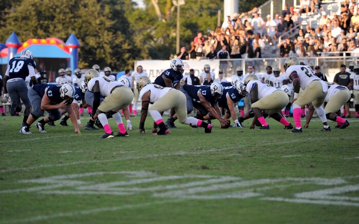 The Citadel Bulldogs and Wofford Terriers play football at the Johnson Hagood Memorial Stadium for the Citadel’s Military Appreciation Night, Oct. 14, 2017. The 628th Security Forces Squadron, 628th Civil Engineer Squadron Explosive Ordnance Disposal Flight and 437th Airlift Wing represented Joint Base Charleston at the football game. Additionally, the Citadel hosted women’s soccer and volleyball games in support of Military Appreciation Week. The football game was the capstone event, with Woffard winning 20-16.