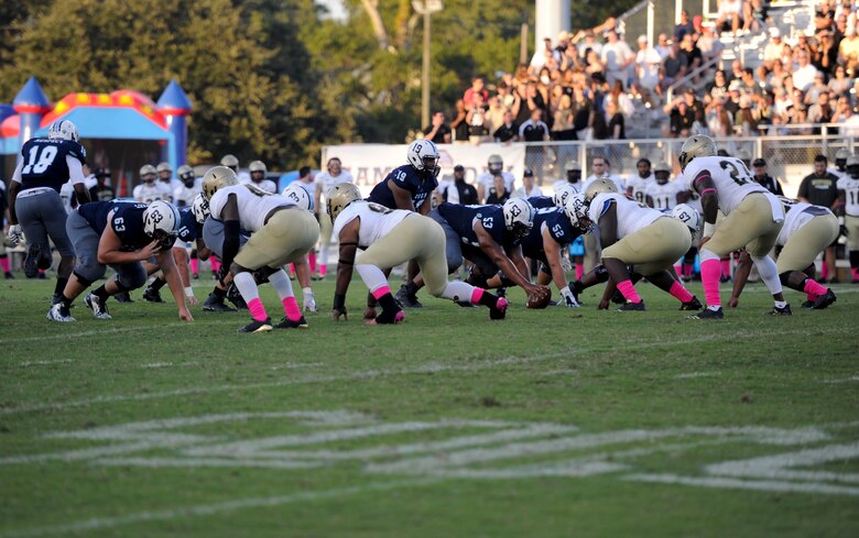 The Citadel Bulldogs and Wofford Terriers play football at the Johnson Hagood Memorial Stadium for the Citadel’s Military Appreciation Night, Oct. 14, 2017. The 628th Security Forces Squadron, 628th Civil Engineer Squadron Explosive Ordnance Disposal Flight and 437th Airlift Wing represented Joint Base Charleston at the football game. Additionally, the Citadel hosted women’s soccer and volleyball games in support of Military Appreciation Week. The football game was the capstone event, with Woffard winning 20-16.