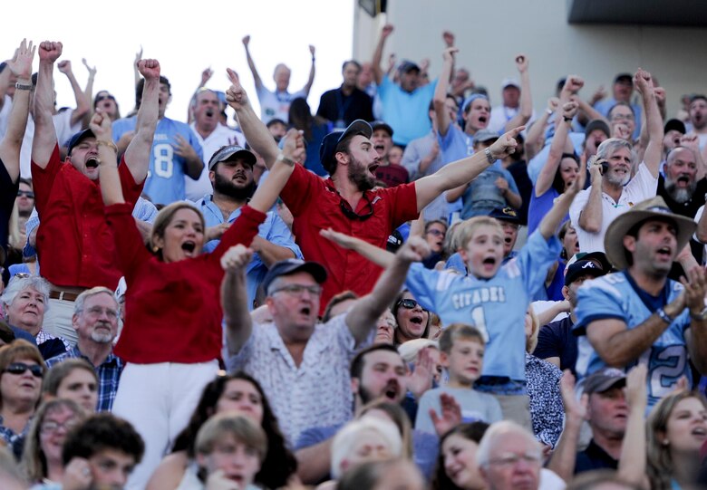 Members of the Charleston community cheer at the Johnson Hagood Memorial Stadium for the Citadel Bulldogs during Military Appreciation Night, Oct. 14, 2017. The 628th Security Forces Squadron, 628th Civil Engineer Squadron Explosive Ordnance Disposal Flight and 437th Airlift Wing represented Joint Base Charleston at the football game. Additionally, the Citadel hosted women’s soccer and volleyball games in support of Military Appreciation Week. The Citadel Bulldog’s football game against the Wofford Terriers was the capstone event, with Woffard winning 20-16.