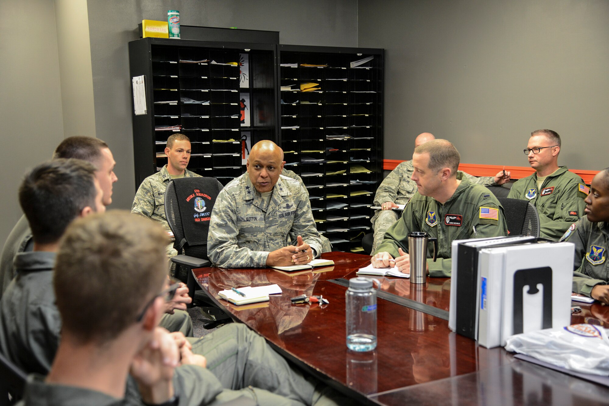 Maj. Gen. Anthony Cotton, 20th Air Force commander, attends a 12th Missile Squadron mission planning brief, Oct. 11, 2017 at Malmstrom Air Force Base, Mont.