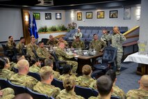 Maj. Gen. Anthony Cotton, 20th Air Force commander, talks to missileers in the 10th Missile Squadron Heritage Room, Oct. 11, 2017 at Malmstrom Air Force Base, Mont.