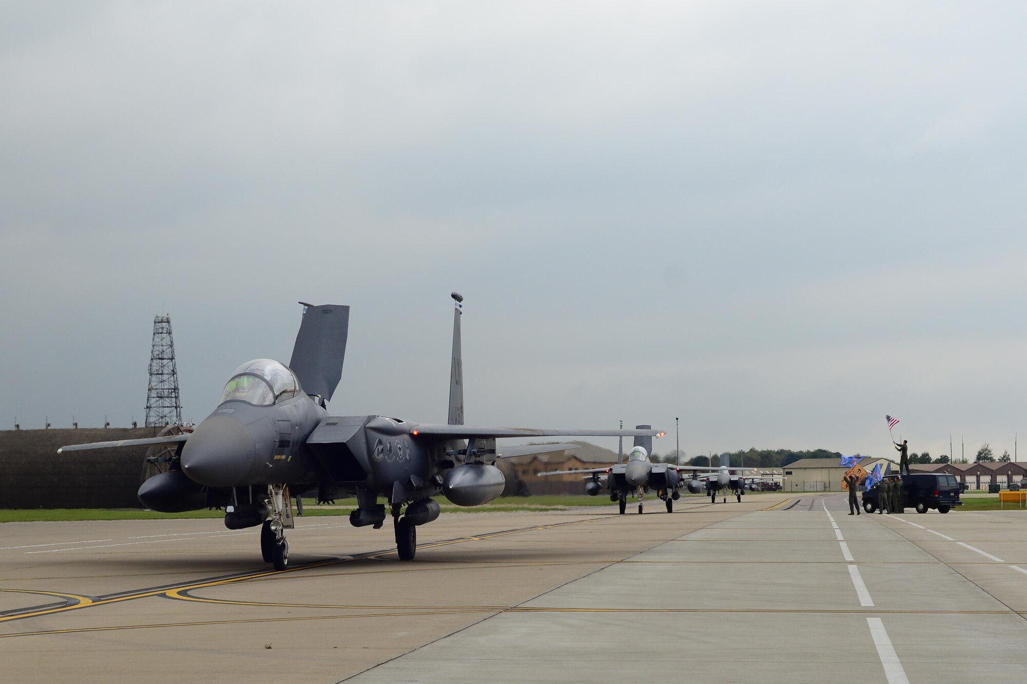 F-15E Strike Eagles assigned to the 492nd Fighter Squadron return to Royal Air Force Lakenheath, England, Oct. 9, following a six-month deployment to an undisclosed location in Southwest Asia. While deployed, the “Bolars” completed nearly 11,000 flying hours and over 2,000 missions while delivering nearly 4,500 precision-guided munitions in support of U.S. Central Command operations. (U.S. Air Force photo/Tech. Sgt. Matthew Plew)