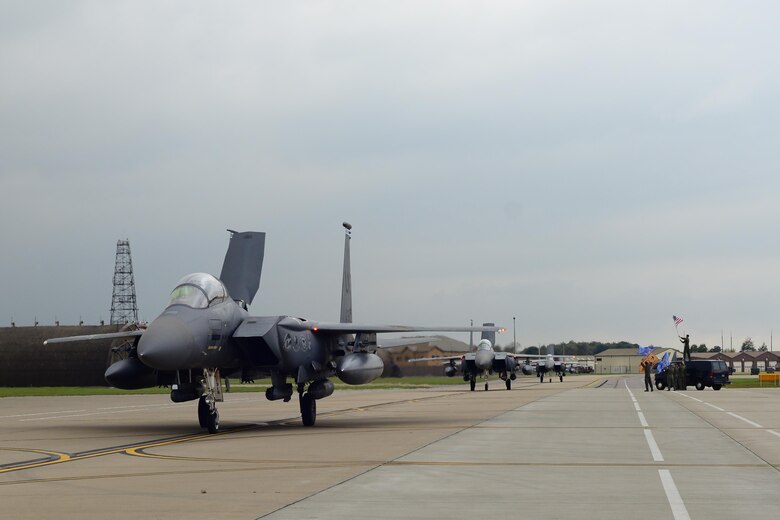 F-15E Strike Eagles assigned to the 492nd Fighter Squadron return to Royal Air Force Lakenheath, England, Oct. 9, following a six-month deployment to an undisclosed location in Southwest Asia. While deployed, the “Bolars” completed nearly 11,000 flying hours and over 2,000 missions while delivering nearly 4,500 precision-guided munitions in support of U.S. Central Command operations. (U.S. Air Force photo/Tech. Sgt. Matthew Plew)