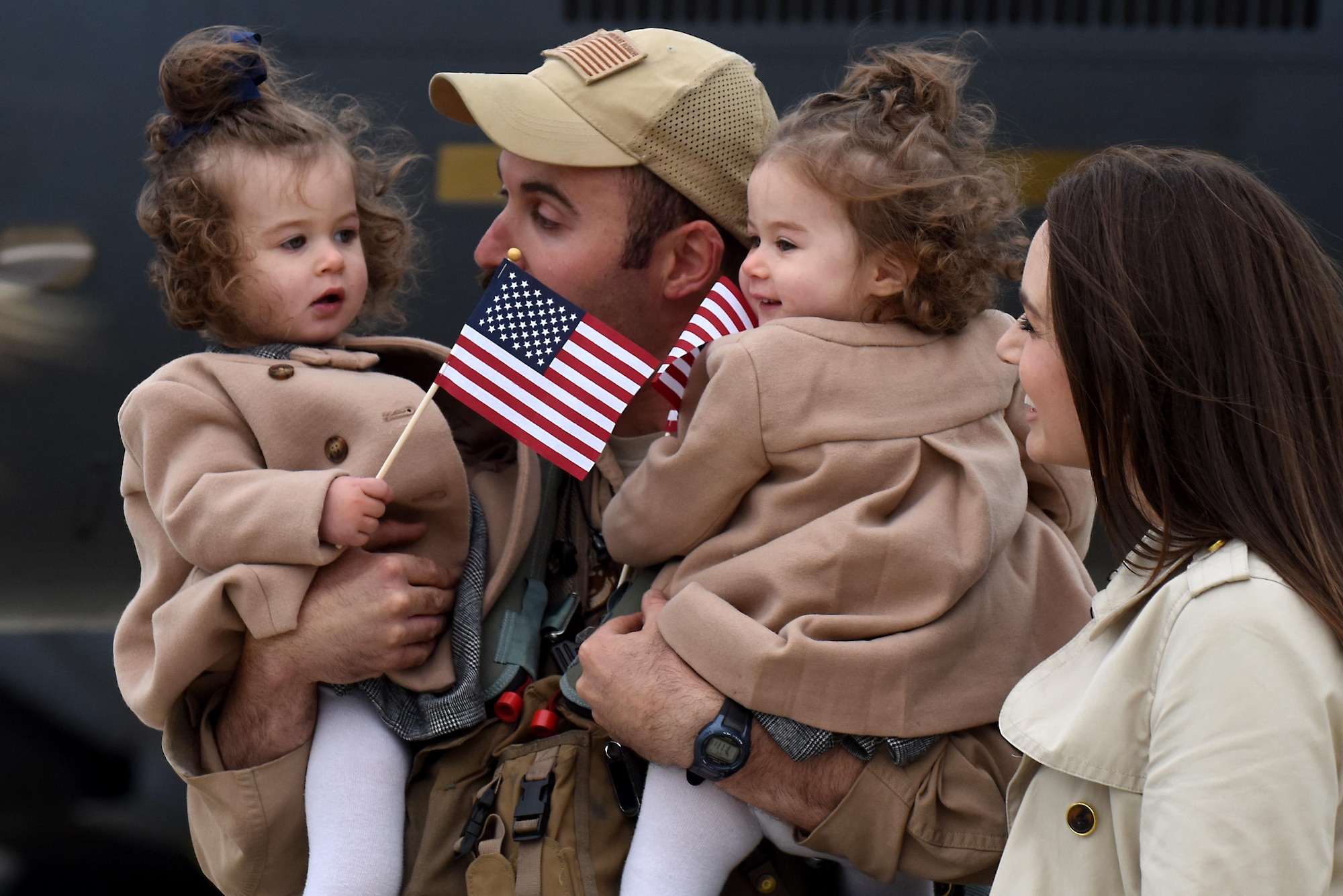 A 492nd Fighter Squadron member greets his family members after returning from a deployment, Oct. 4. While deployed as the 492nd Expeditionary Fighter Squadron at the 332nd Air Expeditionary Wing, the “Bolars” completed nearly 11,000 flying hours and over 2,000 missions while delivering nearly 4,500 precision-guided munitions in support of U.S. Central Command operations. (U.S. Air Force photo/Airman 1st Class Eli Chevalier)