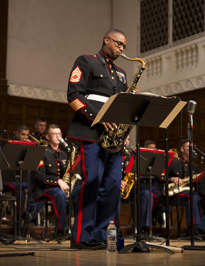 GySgt. Jason Knuckles, Small Ensemble Leader, Parris Island Marine Band, performs a solo during a concert with the Marine Corps Jazz Orchestra at University of Redlands, Oct 13, 2017. The orchestra features top Marine musicians from throughout the Corps. They tour annually to share their music, culture, and patriotism with public audiences. (U.S. Marine Corps photo by Sgt. Taylor Morton/Released)