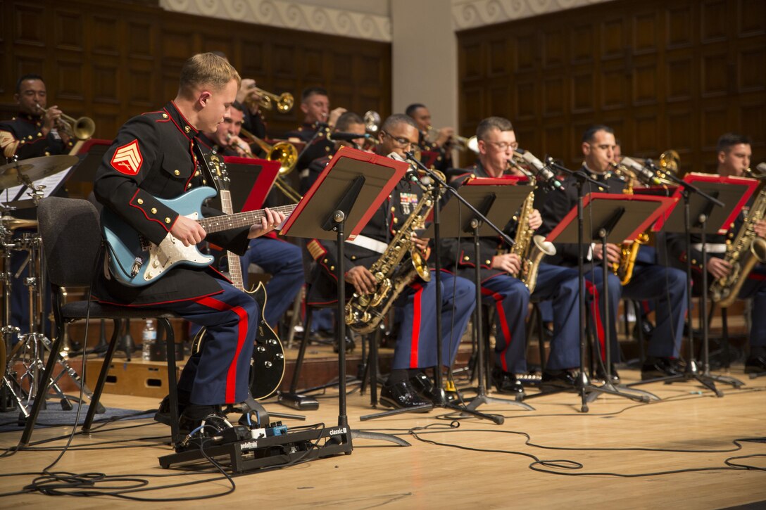 Sgt. Michael Borowski, a muscian with Marine Band San Digeo, performs along side the Marine Corps Jazz Orchestra at a concert at California Baptist University, Oct 13, 2017. The orchestra features top Marine musicians from throughout the Corps. They tour annually to share their music, culture, and patriotism with public audiences. (U.S. Marine Corps photo by Sgt. Taylor Morton/Released)