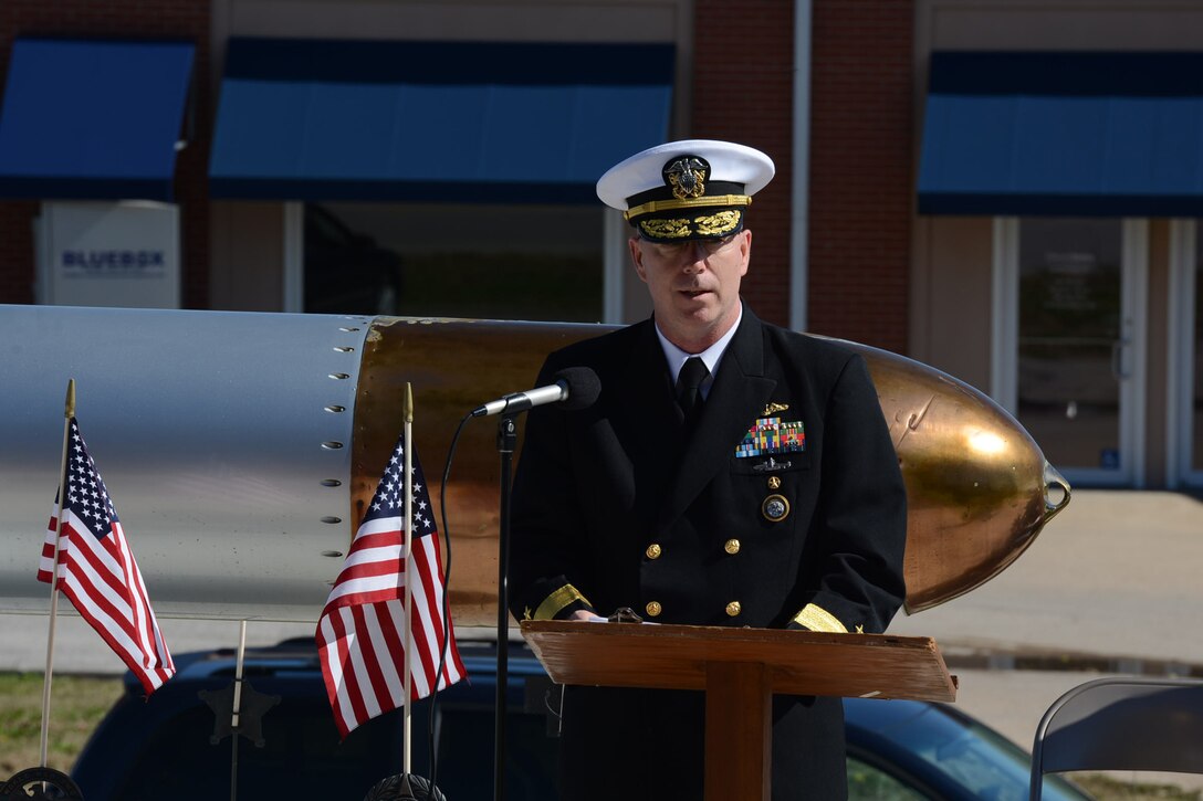 U.S. Navy Rear Adm. William J. Houston, U.S. Strategic Command deputy director for Strategic Targeting and Nuclear Mission Planning, delivers remarks at the 55th annual USS Wahoo Memorial Service and “Tolling of the Boats” ceremony at the Saunders County Courthouse in Wahoo, Neb., Oct. 15, 2017. The service marked the 74th anniversary of the loss of USS Wahoo, after conducting seven combat patrols from 1942-1943 and sinking 20 enemy vessels.