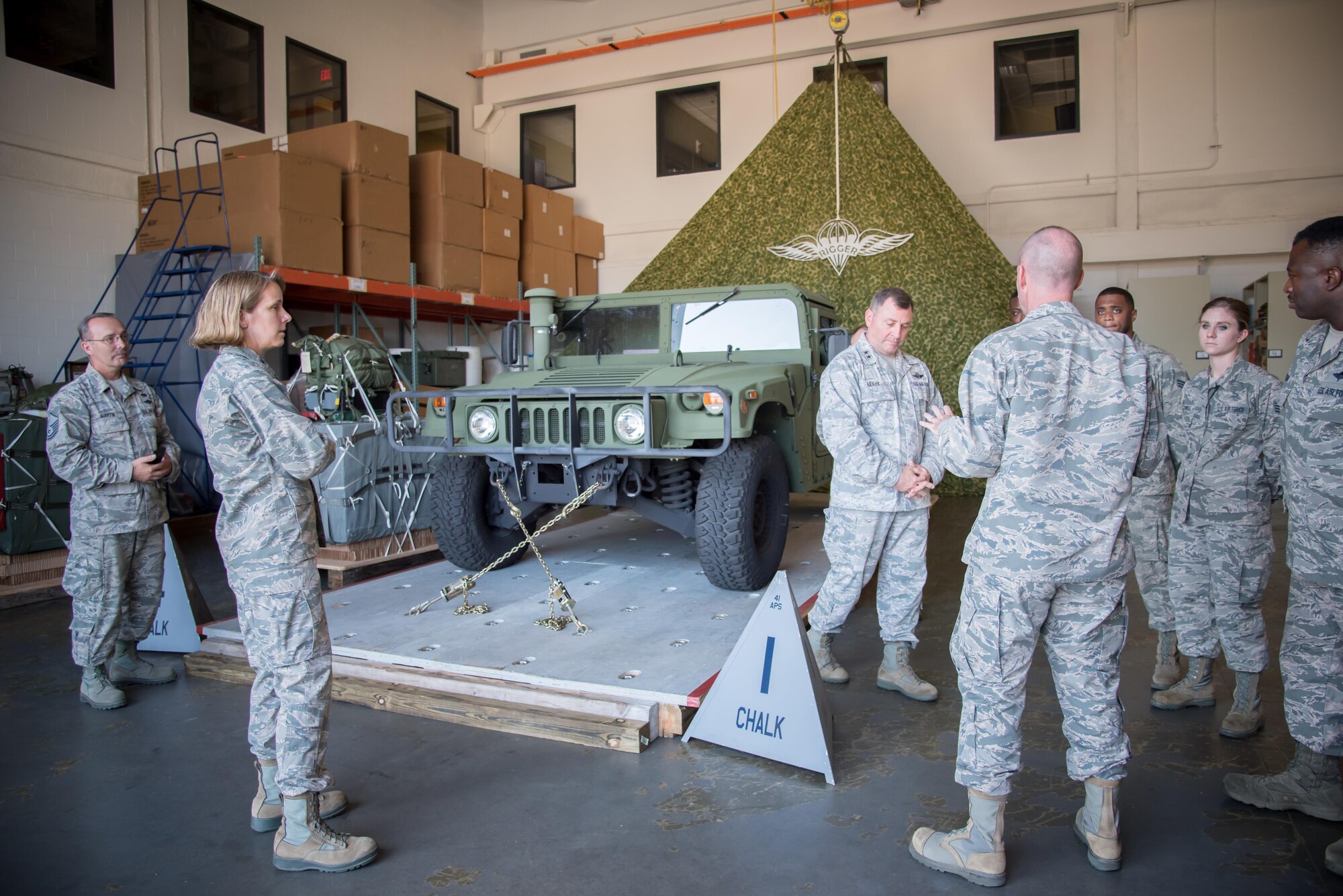 Maj. Gen. Timothy Leahy, 2nd Air Force commander, discusses the mission of the 41st Aerial Port Squadron during his immersion tour of the 403rd Wing Oct. 13, 2017 at Keesler air Force Base, Mississippi. (U.S. Air Force photo/Staff Sgt. Heather Heiney)