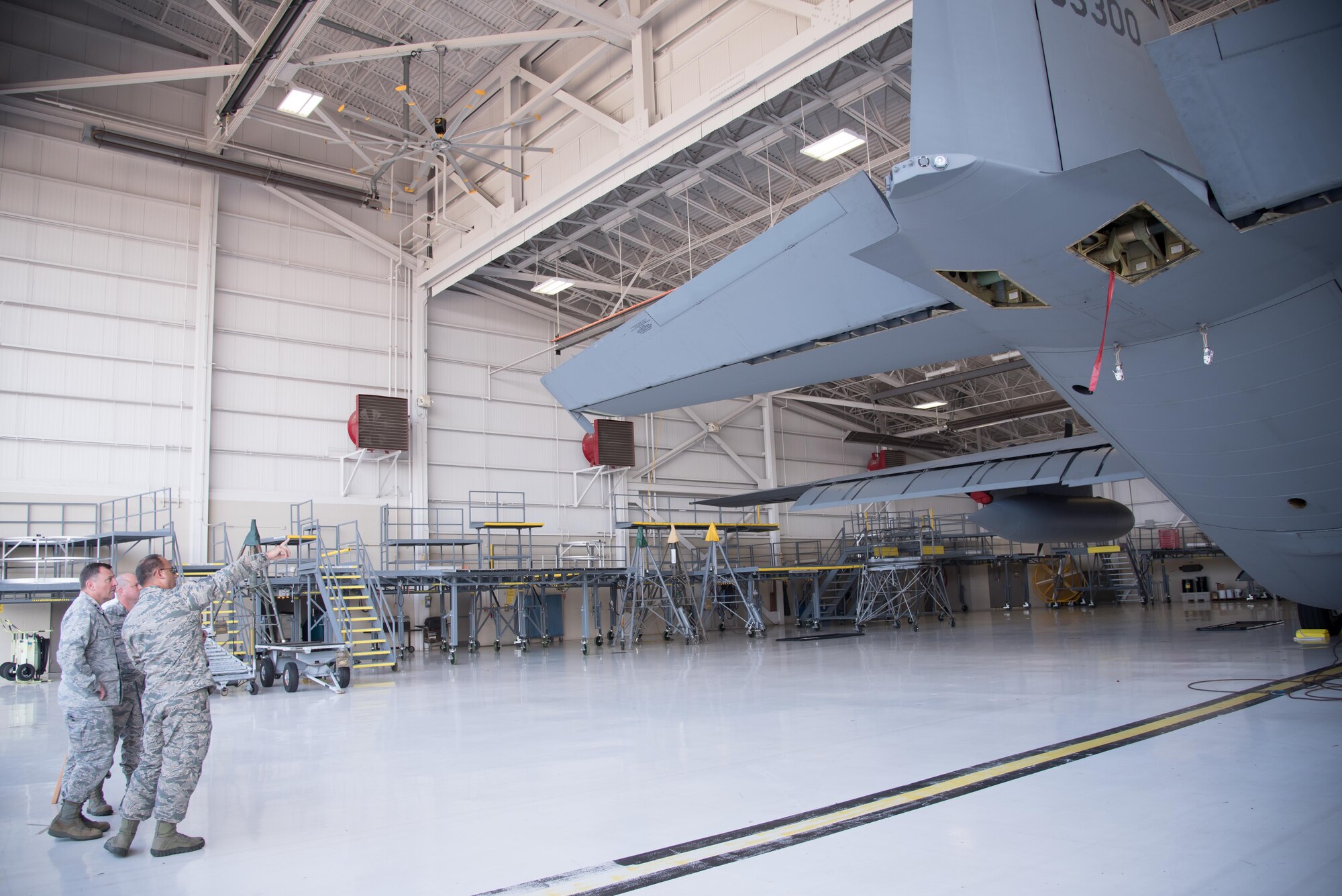 Maj. Gen. Timothy Leahy, 2nd Air Force commander, looks at a WC-130J Super Hercules aircraft, during his immersion tour of the 403rd Wing Oct. 13, 2017 at Keesler air Force Base, Mississippi. (U.S. Air Force photo/Staff Sgt. Heather Heiney)