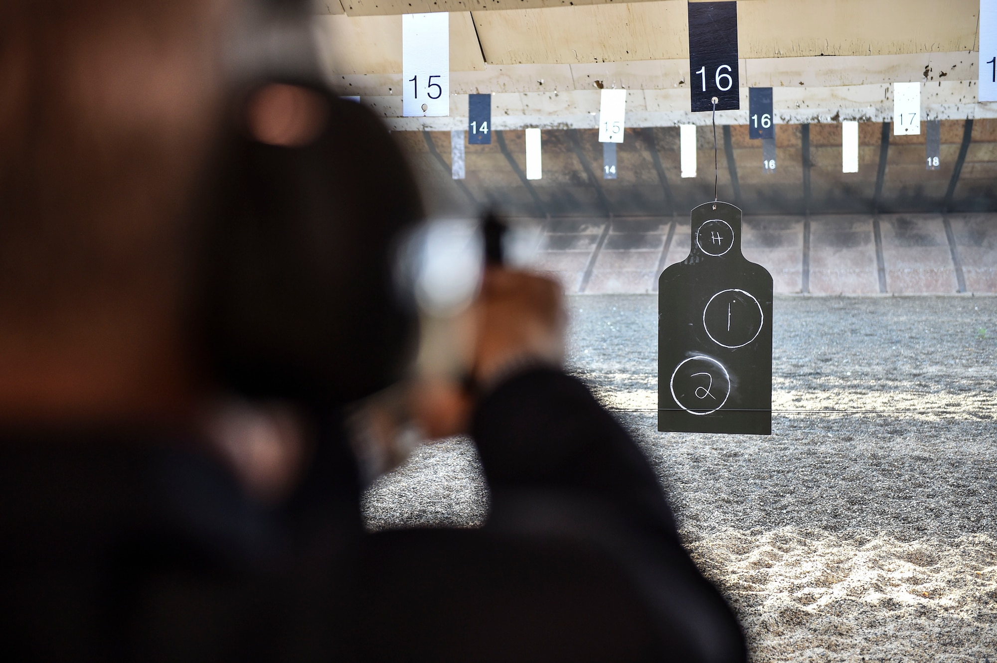 Daniel R. Sitterly, the Acting Assistant Secretary of the Air Force (SAF) for Manpower and Reserve Affairs,  is given a firing range orientation by Combat Arms Training and Maintenance staff here, Oct.14, 2017.