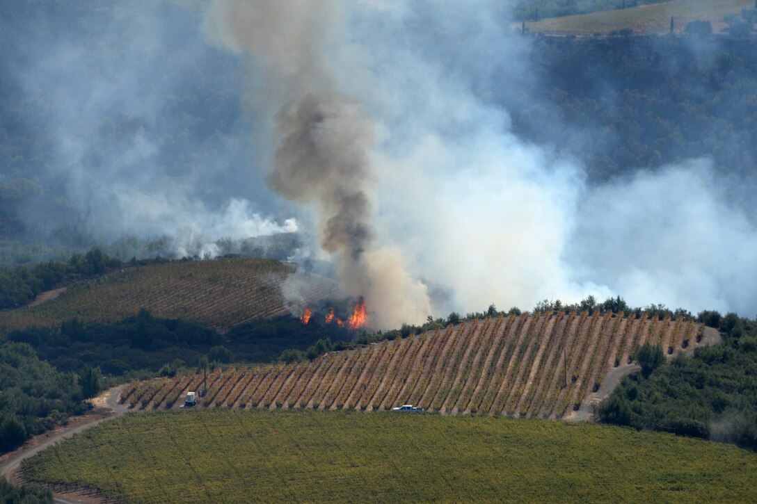 A fire burns near a road and field.