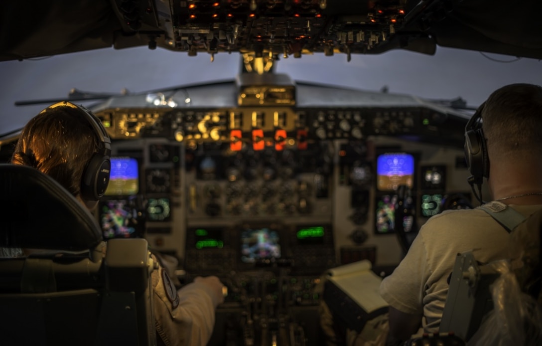 Air Force KC-135 Stratotanker pilots, assigned to the 340th Expeditionary Air Refueling Squadron, fly a mission over Iraq in support of Operation Inherent Resolve, Oct. 2, 2017. The KC-135 provides core refueling capabilities for OIR in the U.S. Central Command area of responsibility. Air Force photo by Staff Sgt. Trevor T. McBride
