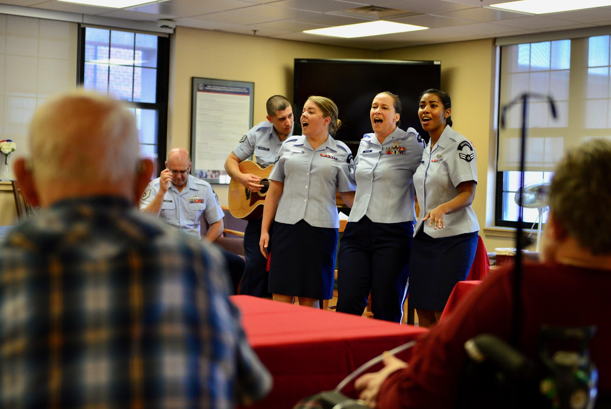 Members of the Heartland of America Band's Raptor ensemble perform at the Sioux Falls Veterans Health Care Center in Sioux Falls, South Dakota, Oct. 11, 2017. Raptor performed several sets for veterans receiving care at the center.