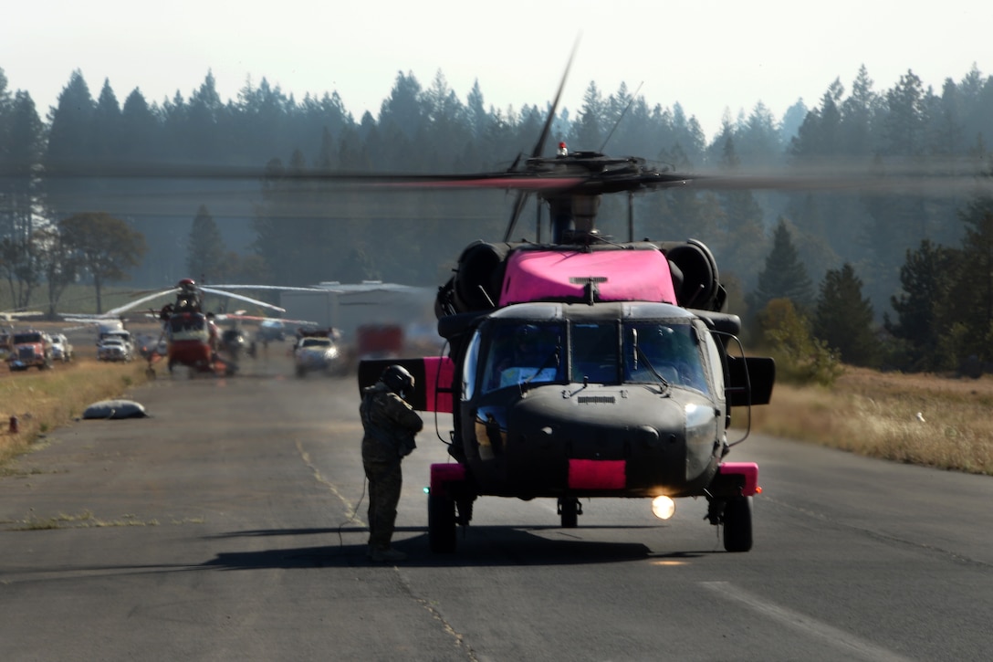 A helicopter sits on the ground with a guardsman nearby.