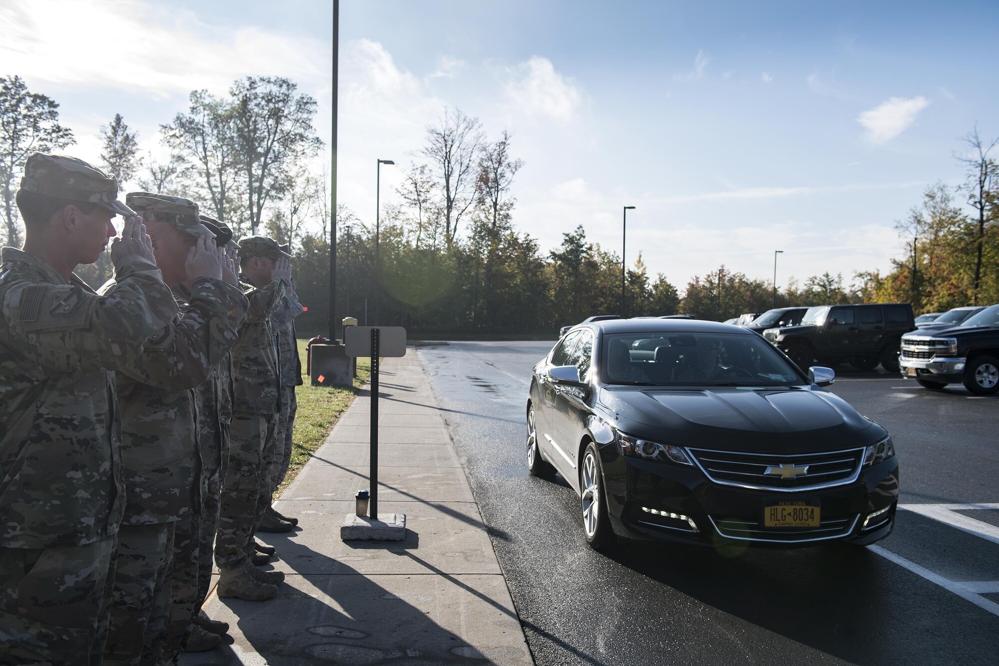 Leadership from the 93d Air Ground Operations Wing (93d AGOW), 18th Air Support Operations Group and 20th Air Support Operations Squadron (20th ASOS) salute U.S. Air Force Maj. Gen. Scott J. Zobrist, 9th Air Force commander, upon arrival to the 20th ASOS, Oct. 10, 2017, at Fort Drum, N.Y.  Airmen spoke to Zobrist about the challenges and successes they’ve had while assigned to an Air Force squadron on an Army installation, and gave him a tour of the facility. The 93d AGOW provides highly-trained ground combat forces capable of integrating air and space power into the ground scheme of fire and maneuver. (U.S. Air Force photo by Senior Airman Janiqua P. Robinson)