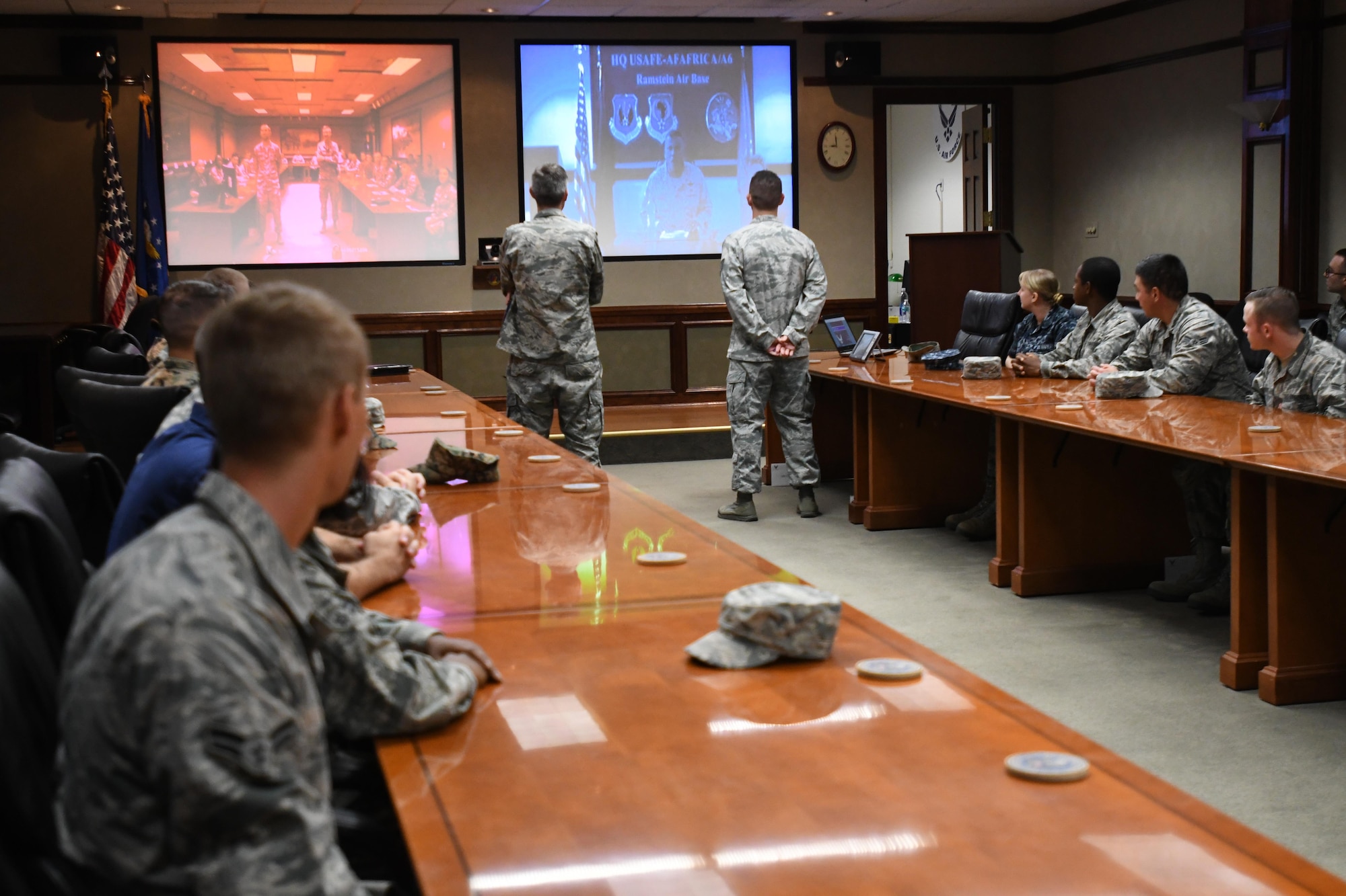 Lt. Gen. Richard Clark, 3rd Air Force commander, Ramstein Air Base, Germany, delivers remarks during a video teleconference with members of the 335th Training Squadron at Stennis Hall Oct. 12, 2017, on Keesler Air Force Base, Mississippi. Clark received a mission and regional weather forecast from 335th TRS weather students as a training demonstration as well as a mentorship opportunity. (U.S. Air Force photo by Kemberly Groue)