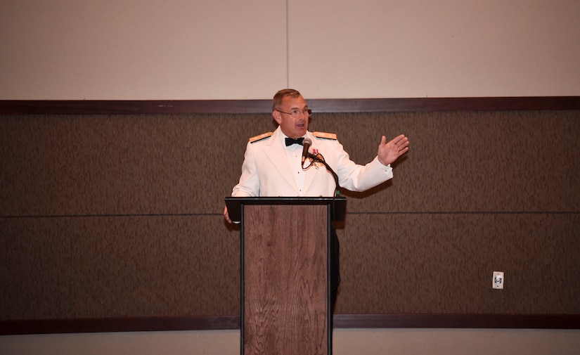 Rear Adm. Jeff Tussler, director of future plans at the Office of the Chief of Naval Operations, delivers a speech at the Navy’s 242nd birthday ball in Charleston, S.C., Oct. 14, 2017.