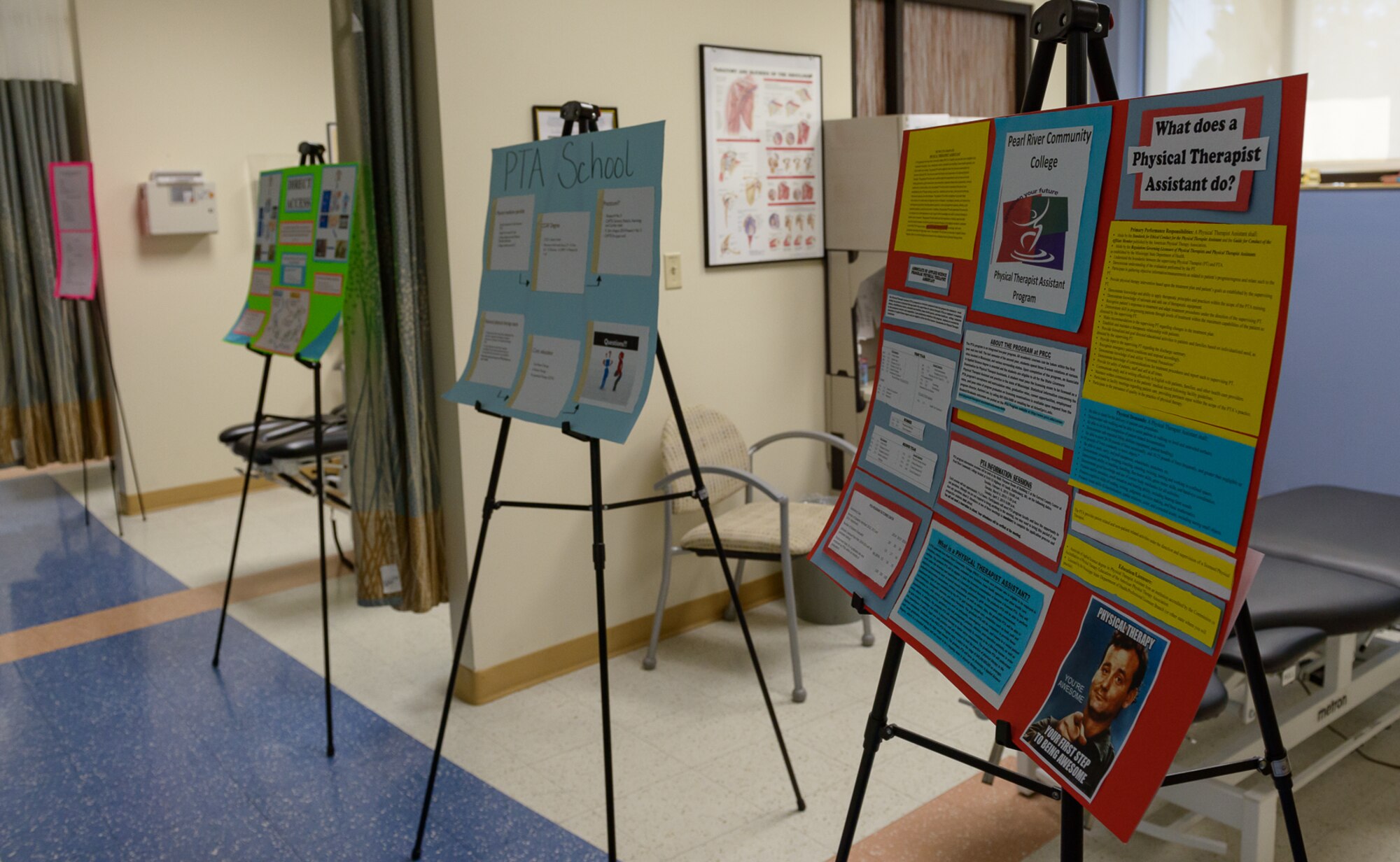 Information charts line the physical therapy area at the Physical and Occupational Therapy clinic open house Oct. 13, 2017, on Keesler Air Force Base, Mississippi. The event was held in celebration of National Physical Therapy and Chiropractic Month and housed several demonstrations to include dry needling, anti-gravity treadmill and power lifting techniques. (U.S. Air Force photo by Andre’ Askew)