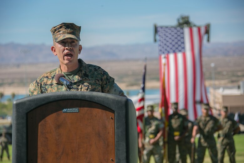 Sgt. Maj. Avery Crespin, former Headquarters Battalion sergeant major, address the crowd  during his retirement ceremony at Lance Cpl. Torrey L. Gray field aboard the Combat Center, September 29, 2017. Crespin served in more than five units and Military Occupational Specialties in his 22 years of active duty service. (U.S. Marine Corps photo by Lance Cpl. Isaac Cantrell)