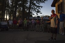 Chief Master Sgt. Jarrod Sebastian, 23d Wing command chief, gives opening remarks beginning a Retiree Appreciation Week golf tournament, Oct. 13, 2017, at the Quiet Pines golf course on Moody Air Force Base, Ga. Retired Chief Master Sgt. James Ingram, director of the Retiree Affairs Office, created the annual event in the 1990’s to bring retirees together and make them feel welcomed in the base community. (U.S. Air Force photo by Senior Airman Daniel Snider)