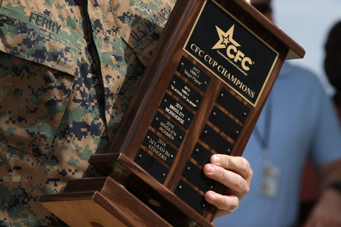 Col. Todd Ferry holds the 2017 Combined Federal Campaign Tug-of-War Tournament trophy at Marine Corps Air Station Cherry Point, N.C., Oct. 13, 2017. The mission of the CFC is to promote and support philanthropy through a program that is employee focused, cost-efficient, and effective in providing all federal employees the opportunity to improve the quality of life for others. The wining team of this year’s trophy was the Stingers from 2nd Low Altitude Air Defense Battalion, Marine Air Control Group 28, 2nd Marine Aircraft Wing. Ferry is the commanding officer of MCAS Cherry Point. (U.S. Marine Corps photo by Cpl. Jason Jimenez/Released)