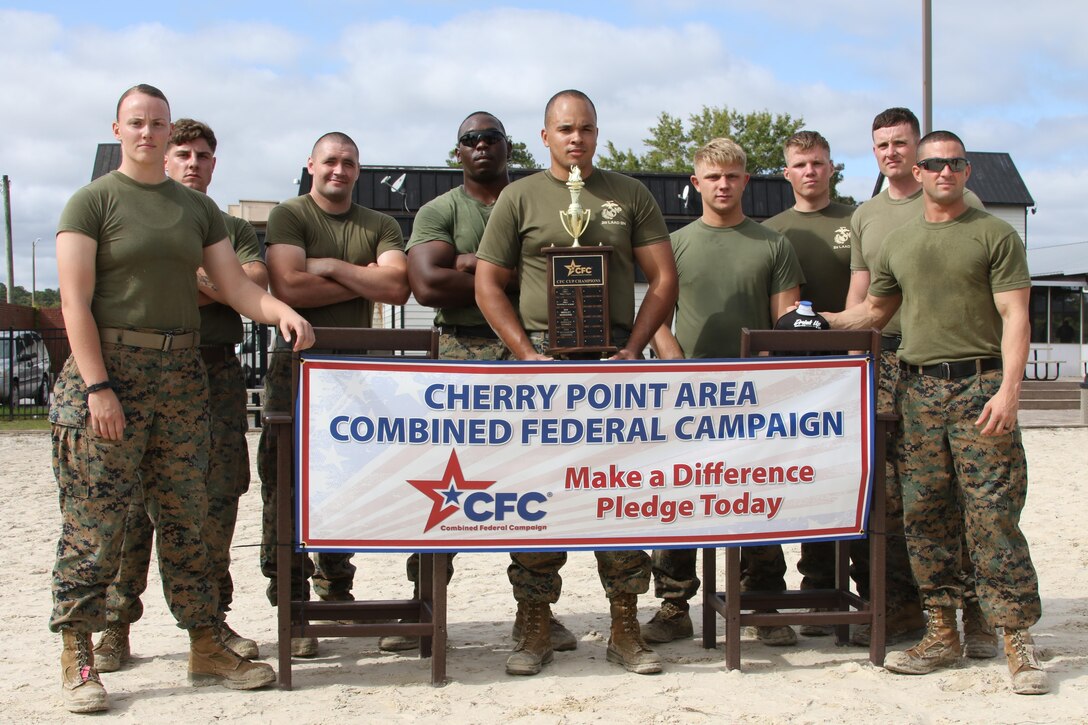 Marines assigned to 2nd Low Altitude Air Defense Battalion reclaim the 2017 Combined Federal Campaign Tug-of-War Tournament trophy at Marine Corps Air Station Cherry Point, N.C., Oct. 13, 2017. The mission of the CFC is to promote and support philanthropy through a program that is employee focused, cost-efficient, and effective in providing all federal employees the opportunity to improve the quality of life for others. 2nd LAAD Bn. has won the trophy in back-to-back years and only one other team has managed to accomplish that feat. 2nd LAAD Bn. is assigned to Marine Air Control Group 28, 2nd Marine Aircraft Wing. (U.S. Marine Corps photo by Cpl. Jason Jimenez/Released)
