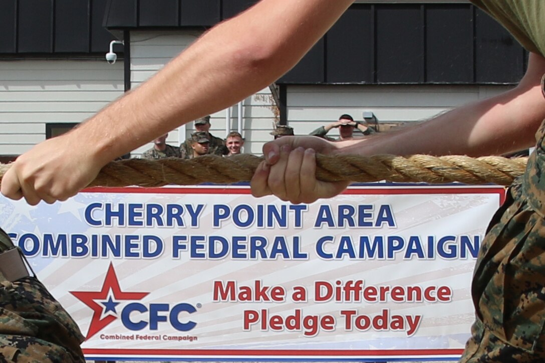The Combined Federal Campaign kicked off the 2017 charity fund drive with the CFC Tug-of-War Tournament at Marine Corps Air Station Cherry Point, N.C., Oct. 13, 2017. The mission of the CFC is to promote and support philanthropy through a program that is employee focused, cost-efficient, and effective in providing all federal employees the opportunity to improve the quality of life for others. The CFC provides federal employees the opportunity to donate to more than 20,000 different nonprofit organizations. (U.S. Marine Corps photo by Cpl. Jason Jimenez/Released)